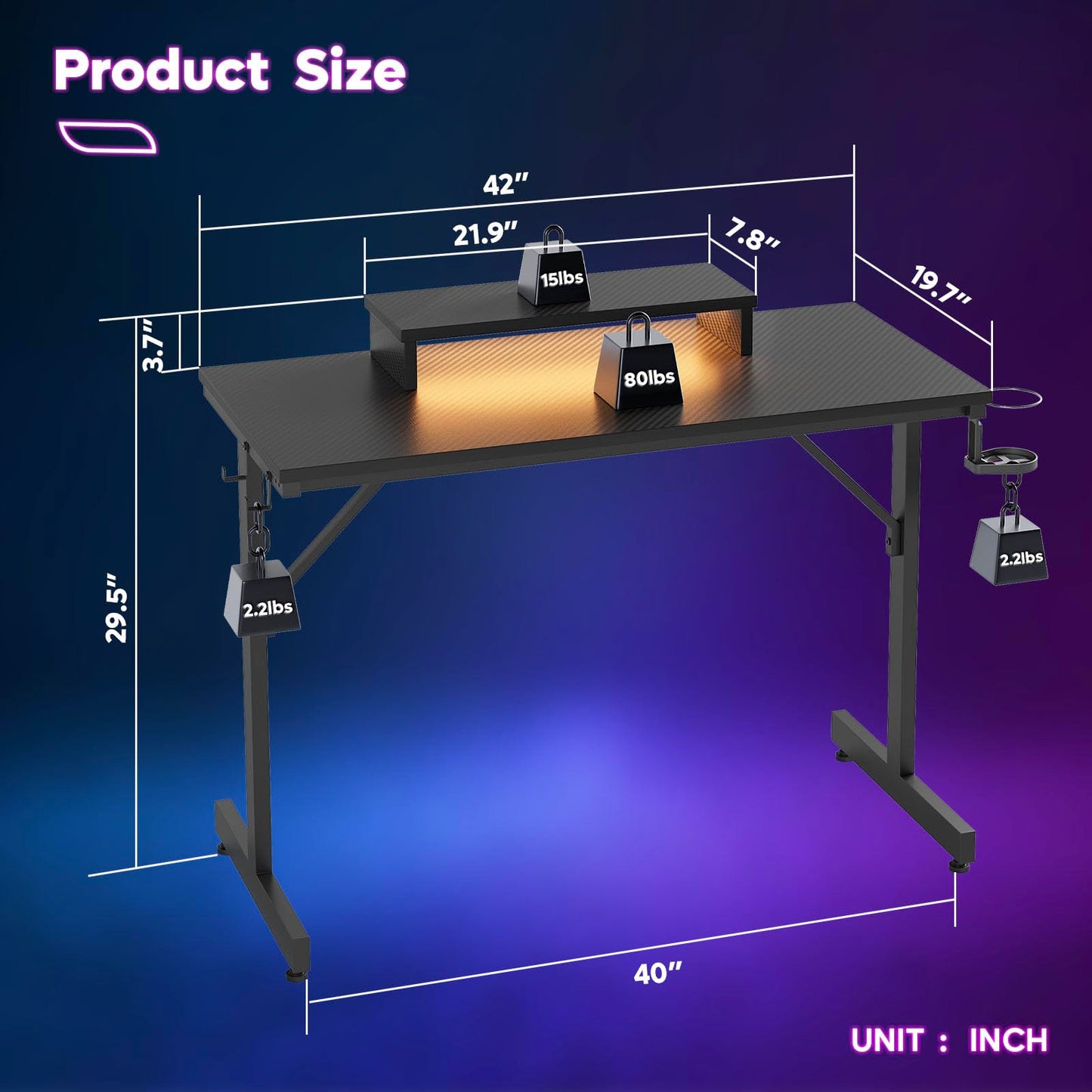 Gaming Desk with Monitor Stand, 42 inch LED with Cup Holder & Headset Hooks EK HOME FURNITURE