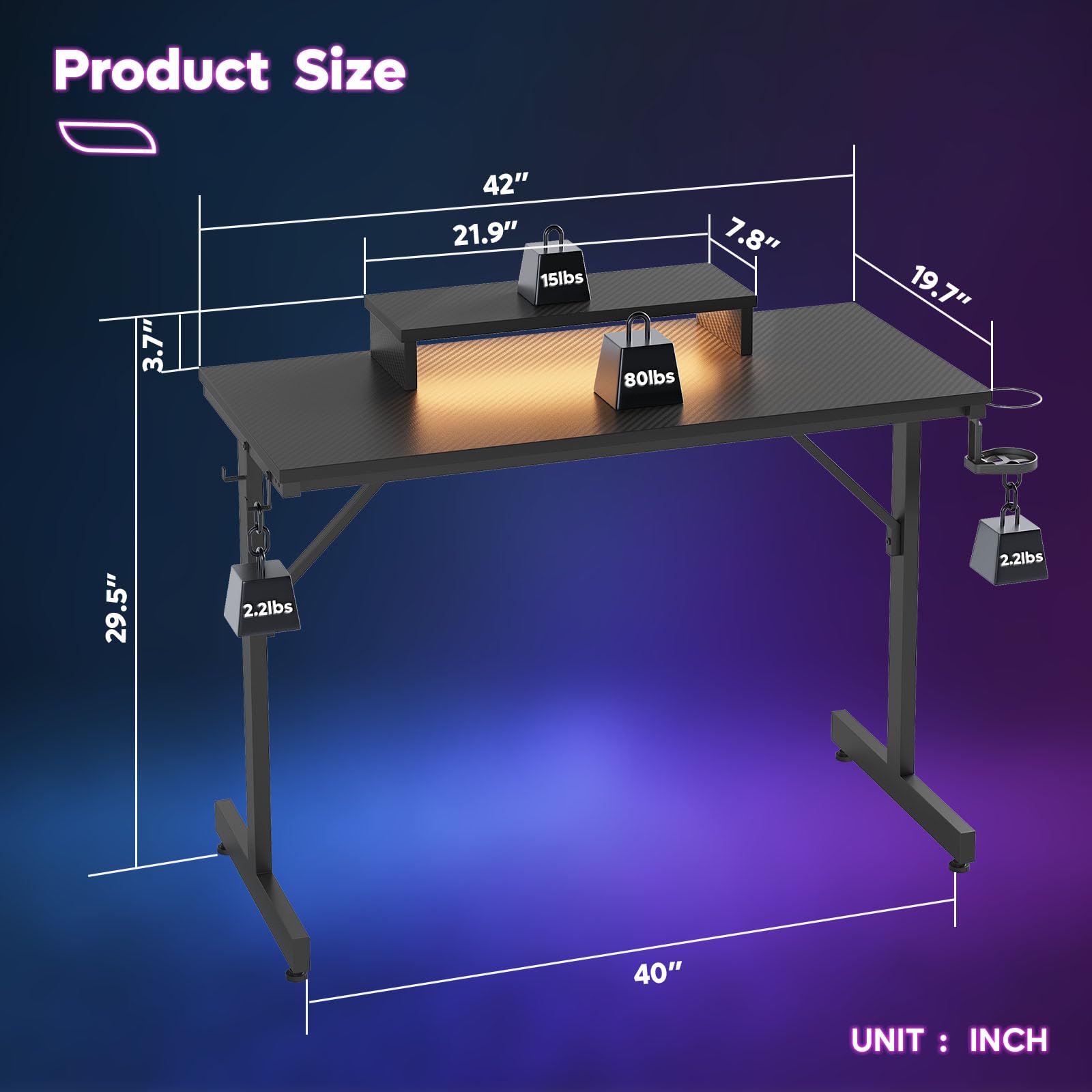 Gaming Desk with Monitor Stand, 42 inch LED with Cup Holder & Headset Hooks EK HOME FURNITURE