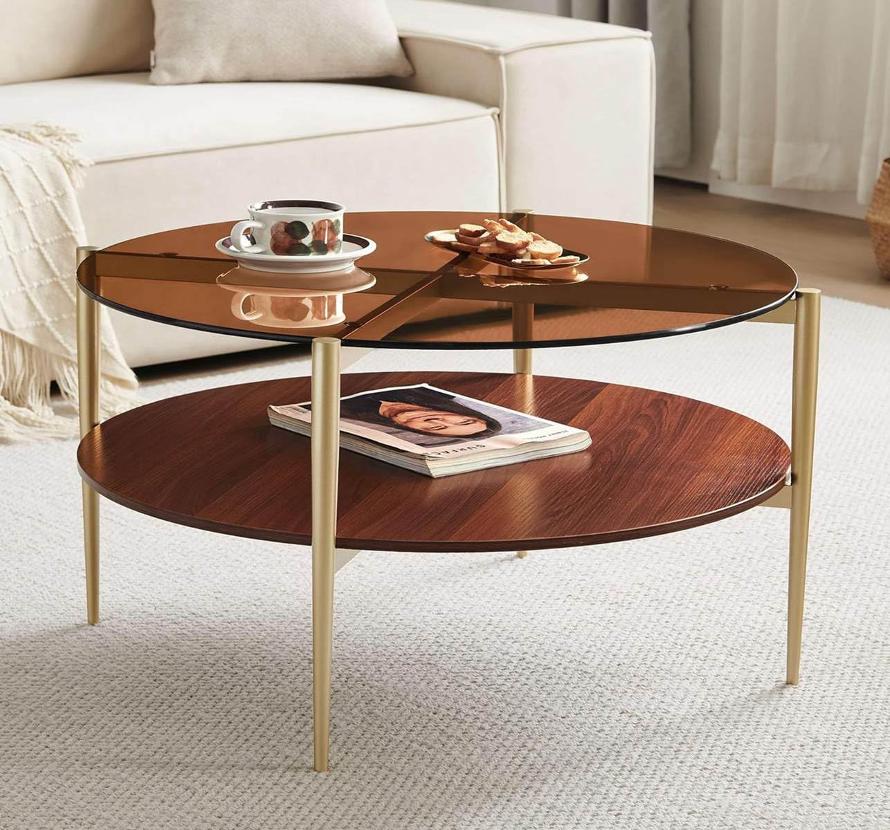 Glass Coffee Table, Middle-Century Modern Style, Perfect for Living Room with Gold Finish Legs & Frame EK HOME FURNITURE