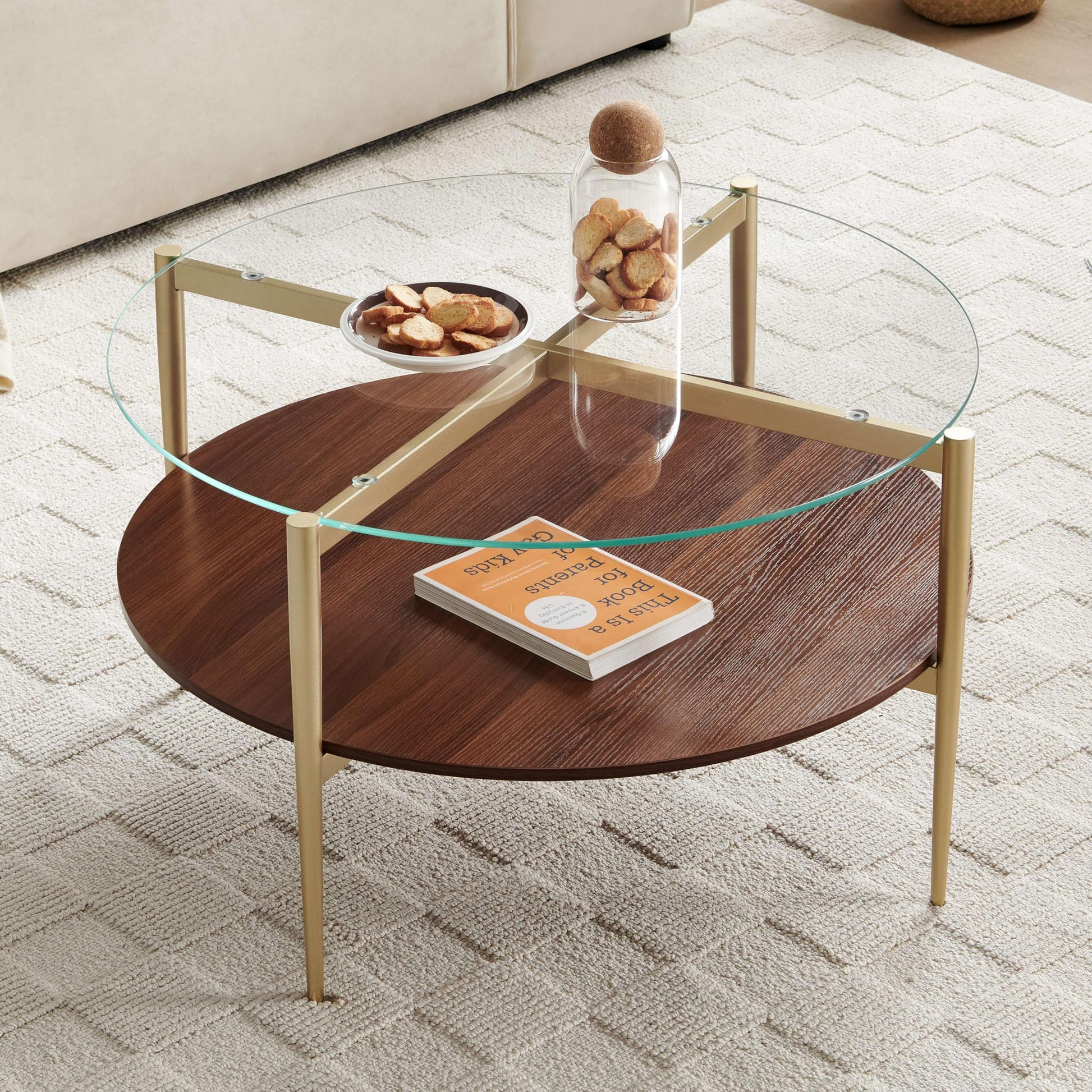 Glass Coffee Table, Middle-Century Modern Style, Perfect for Living Room with Gold Finish Legs & Frame EK HOME FURNITURE