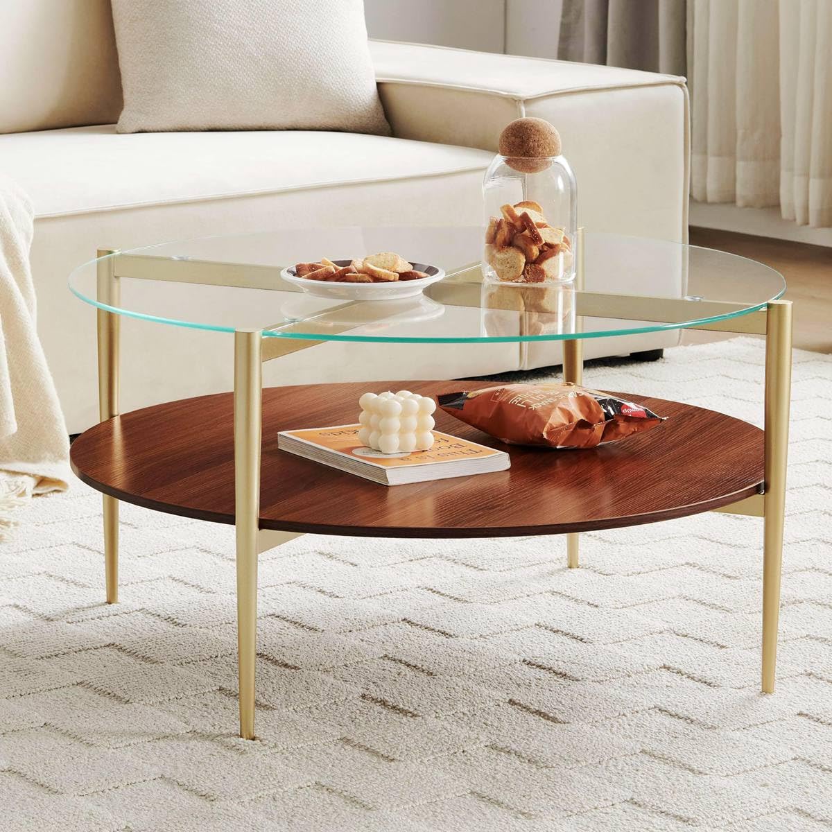 Glass Coffee Table, Middle-Century Modern Style, Perfect for Living Room with Gold Finish Legs & Frame EK HOME FURNITURE