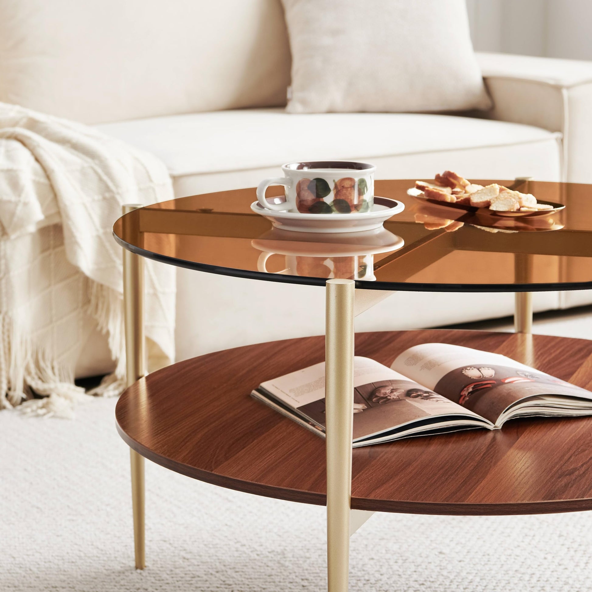 Glass Coffee Table, Middle-Century Modern Style, Perfect for Living Room with Gold Finish Legs & Frame EK HOME FURNITURE