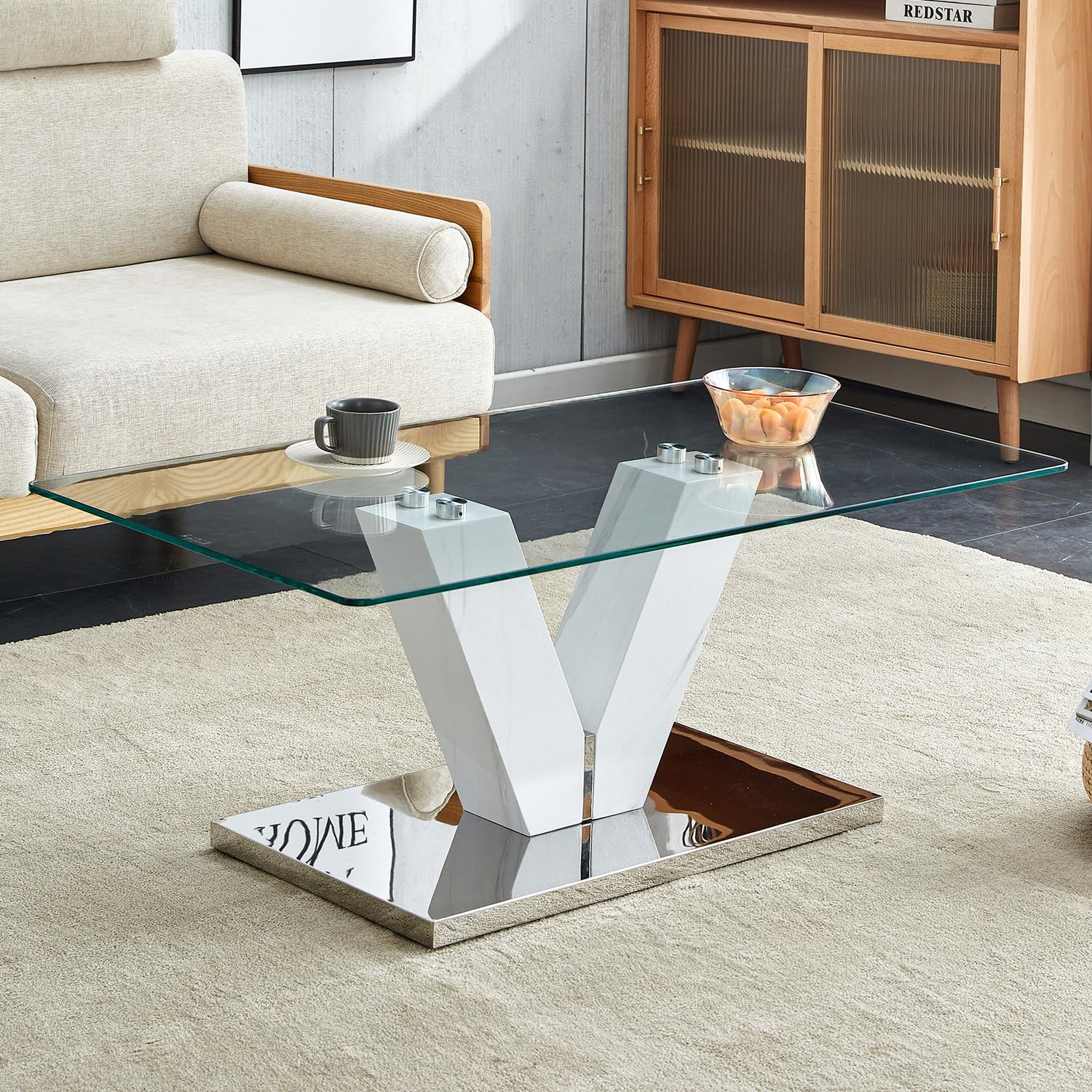 Glass Coffee Table with Marble Desktop, 3-Tier Circle Coffee Table EK HOME FURNITURE