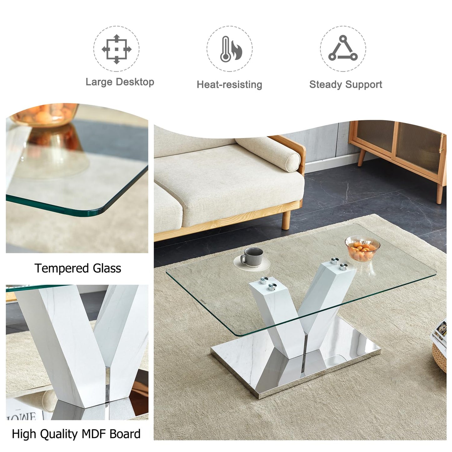 Glass Coffee Table with Marble Desktop, 3-Tier Circle Coffee Table EK HOME FURNITURE