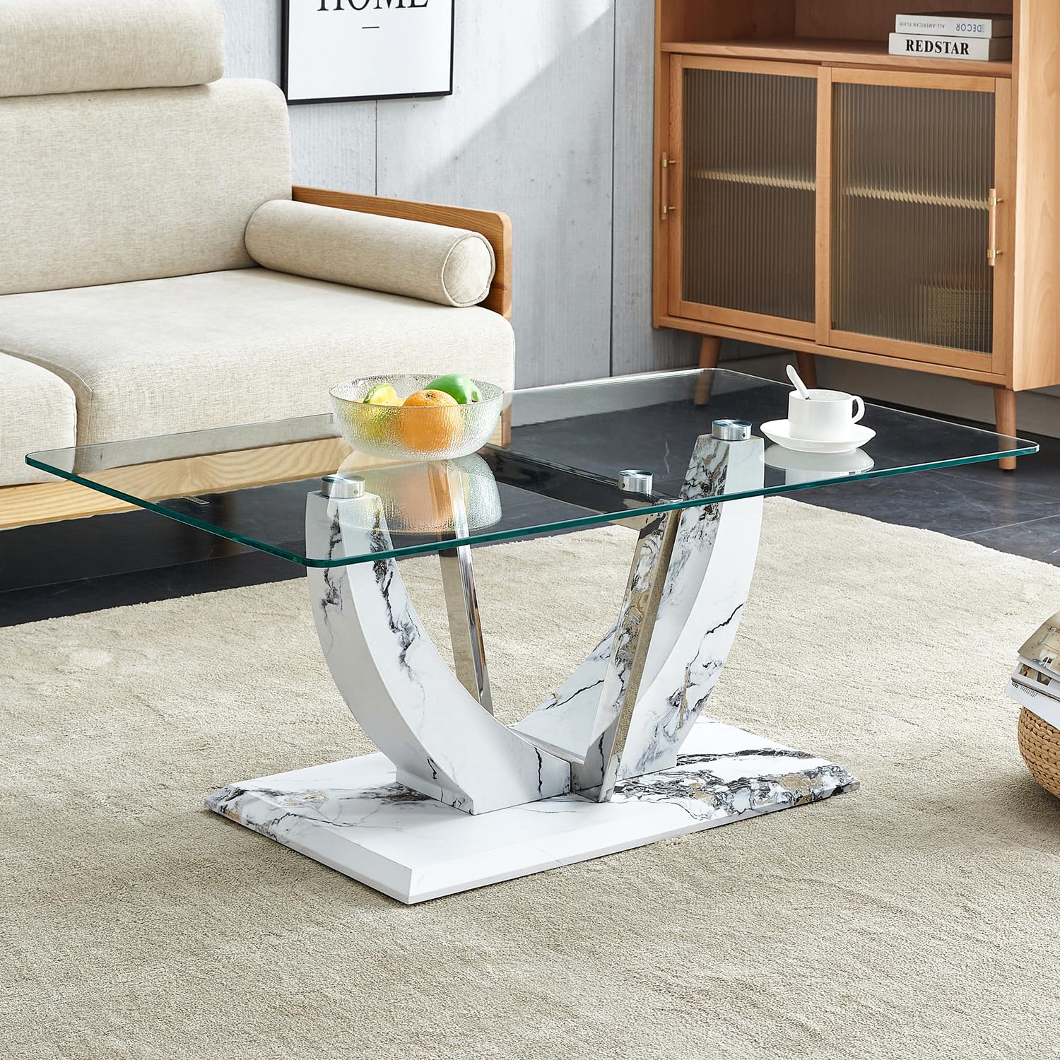 Glass Coffee Table with Marble Desktop, 3-Tier Circle Coffee Table EK HOME FURNITURE