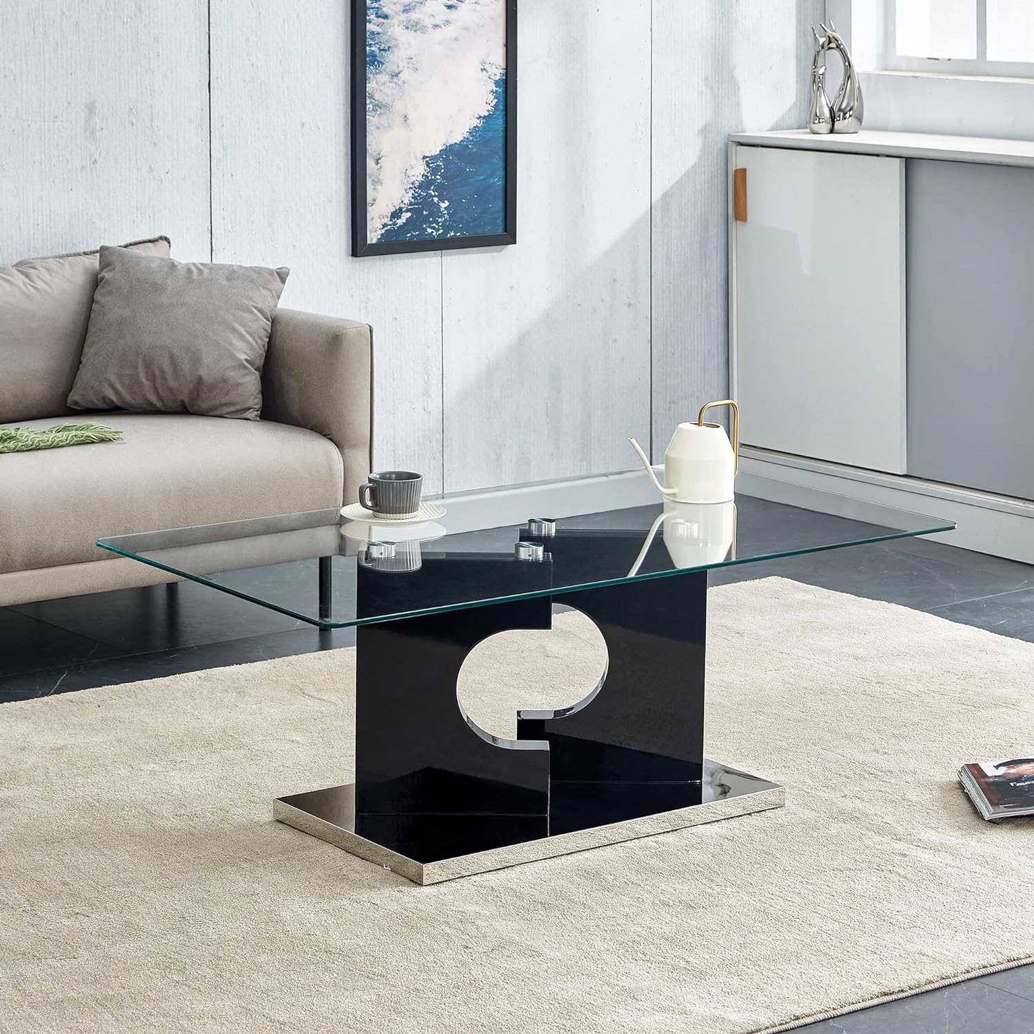 Glass Coffee Table with Marble Desktop, 3-Tier Circle Coffee Table EK HOME FURNITURE