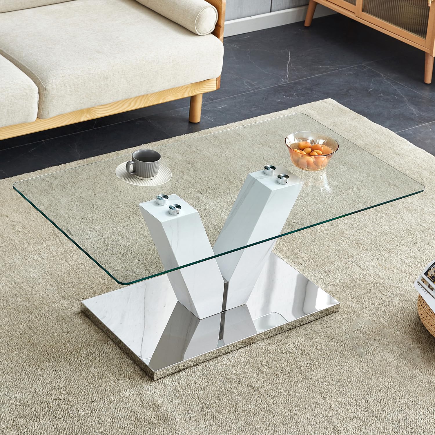 Glass Coffee Table with Marble Desktop, 3-Tier Circle Coffee Table EK HOME FURNITURE