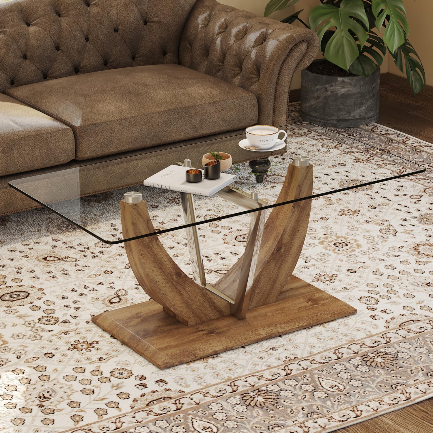 Glass Coffee Table with Marble Desktop, 3-Tier Circle Coffee Table EK HOME FURNITURE