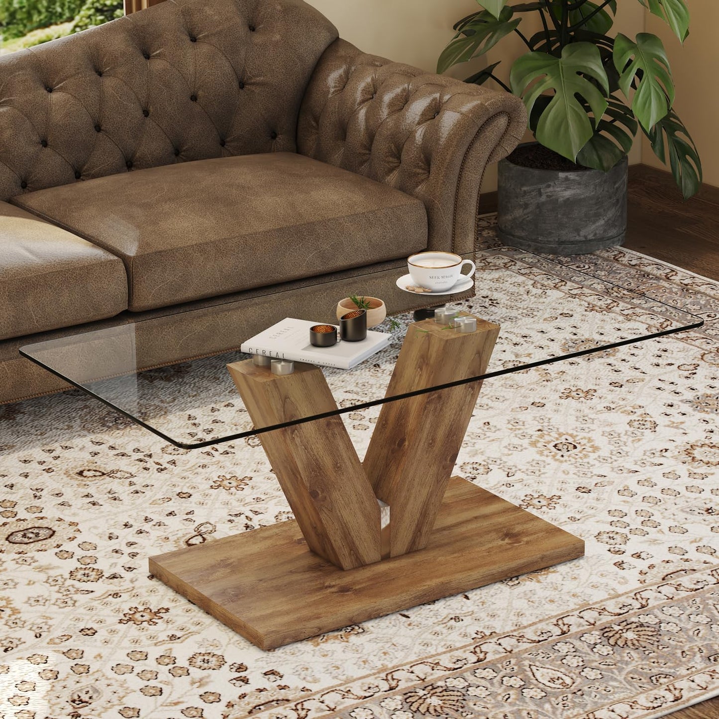 Glass Coffee Table with Marble Desktop, 3-Tier Circle Coffee Table EK HOME FURNITURE