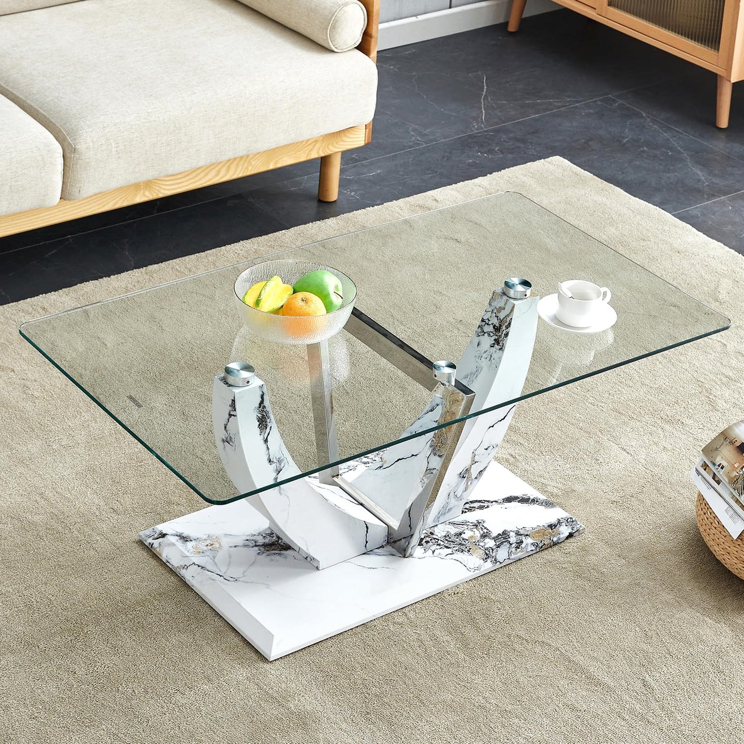 Glass Coffee Table with Marble Desktop, 3-Tier Circle Coffee Table EK HOME FURNITURE