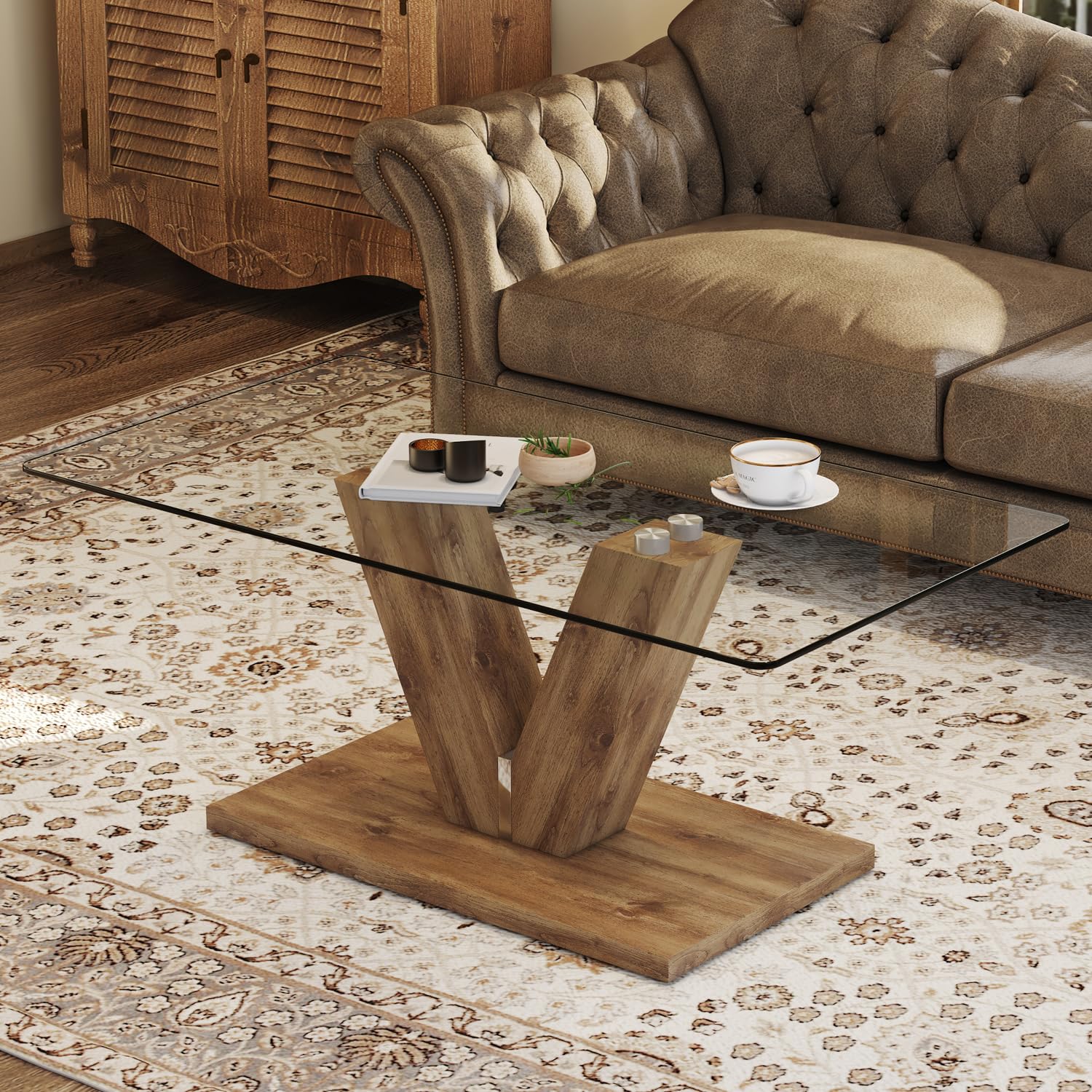 Glass Coffee Table with Marble Desktop, 3-Tier Circle Coffee Table EK HOME FURNITURE