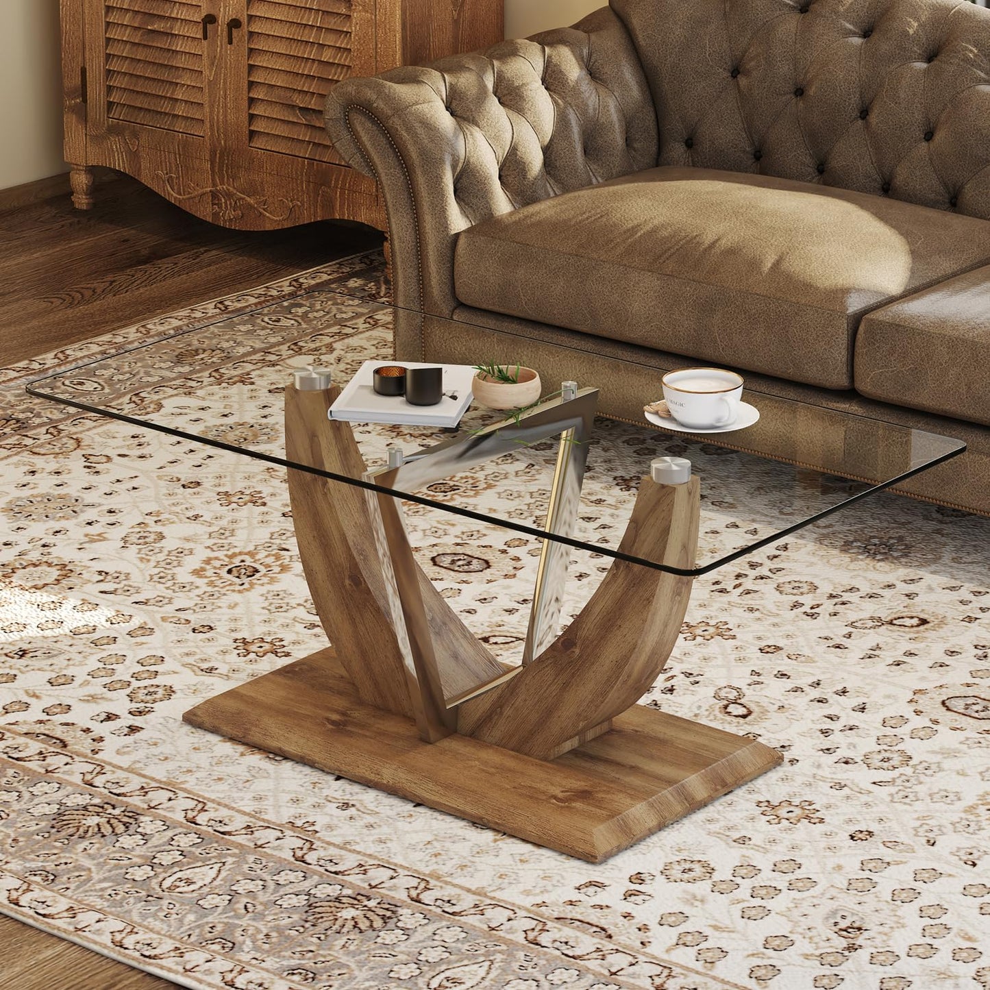 Glass Coffee Table with Marble Desktop, 3-Tier Circle Coffee Table EK HOME FURNITURE