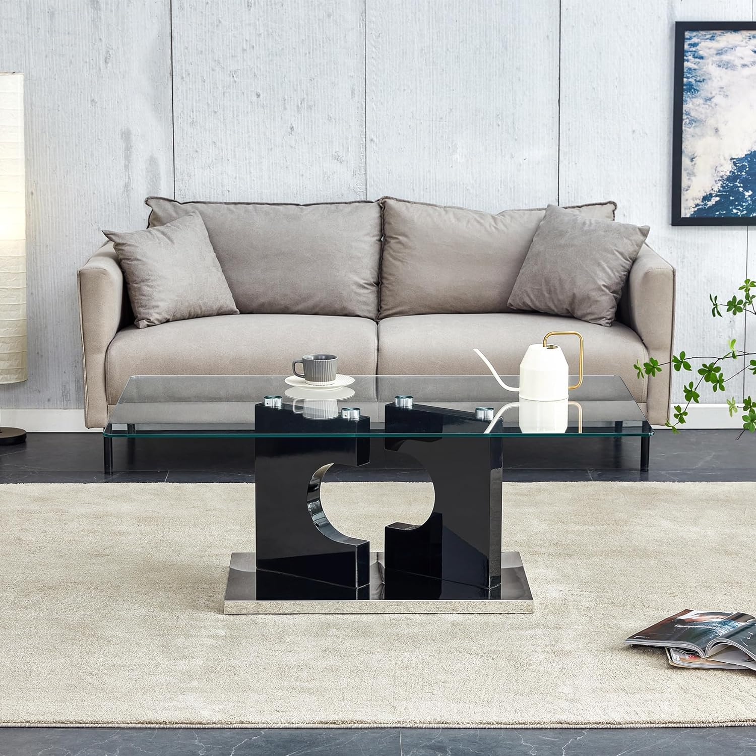 Glass Coffee Table with Marble Desktop, 3-Tier Circle Coffee Table EK HOME FURNITURE