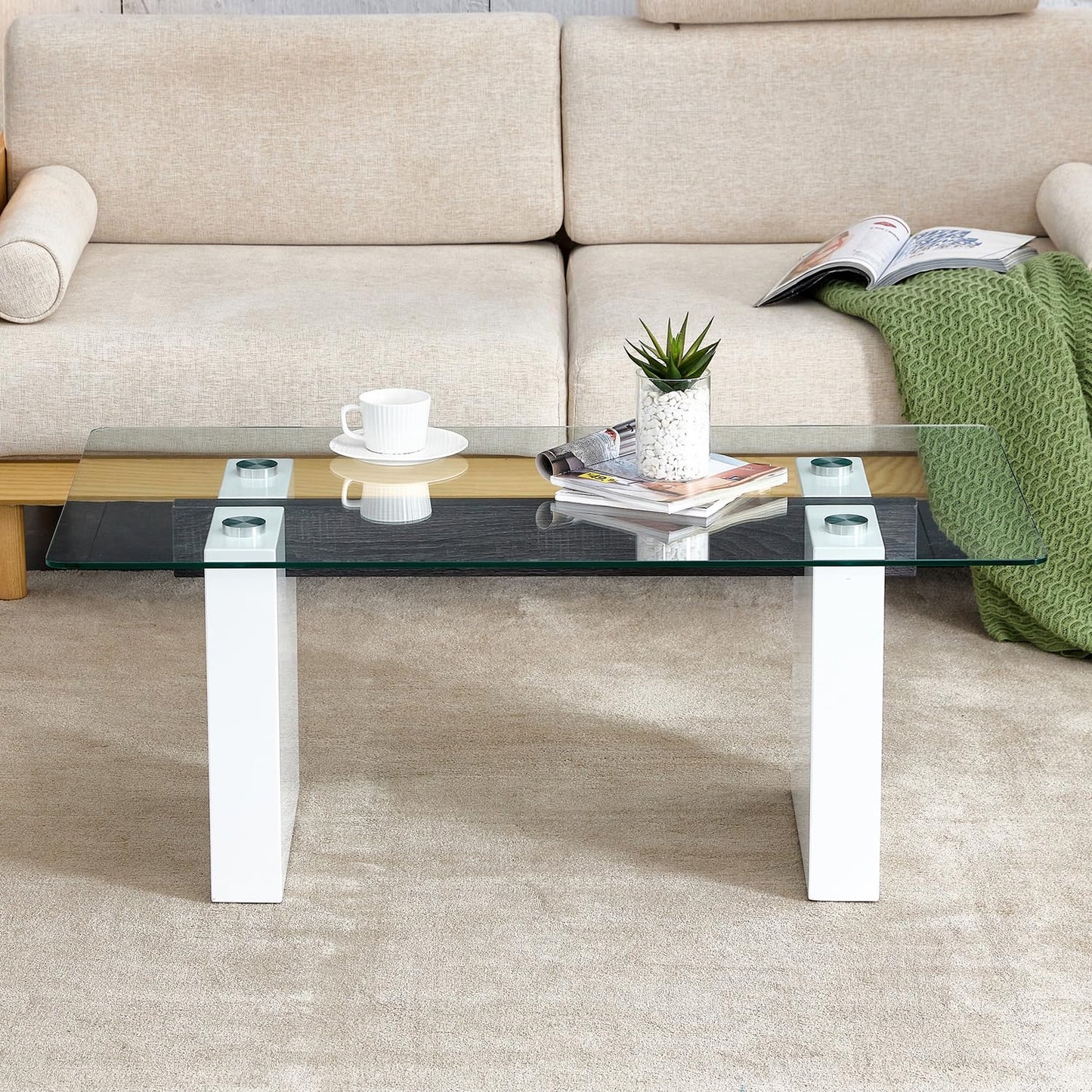 Glass Coffee Table with Marble Desktop, 3-Tier Circle Coffee Table EK HOME FURNITURE