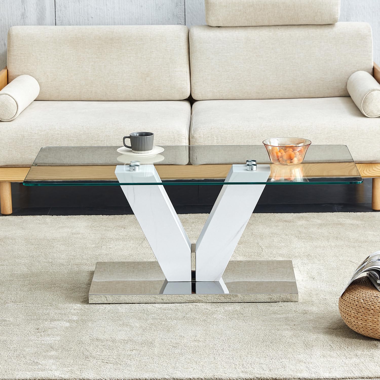 Glass Coffee Table with Marble Desktop, 3-Tier Circle Coffee Table EK HOME FURNITURE