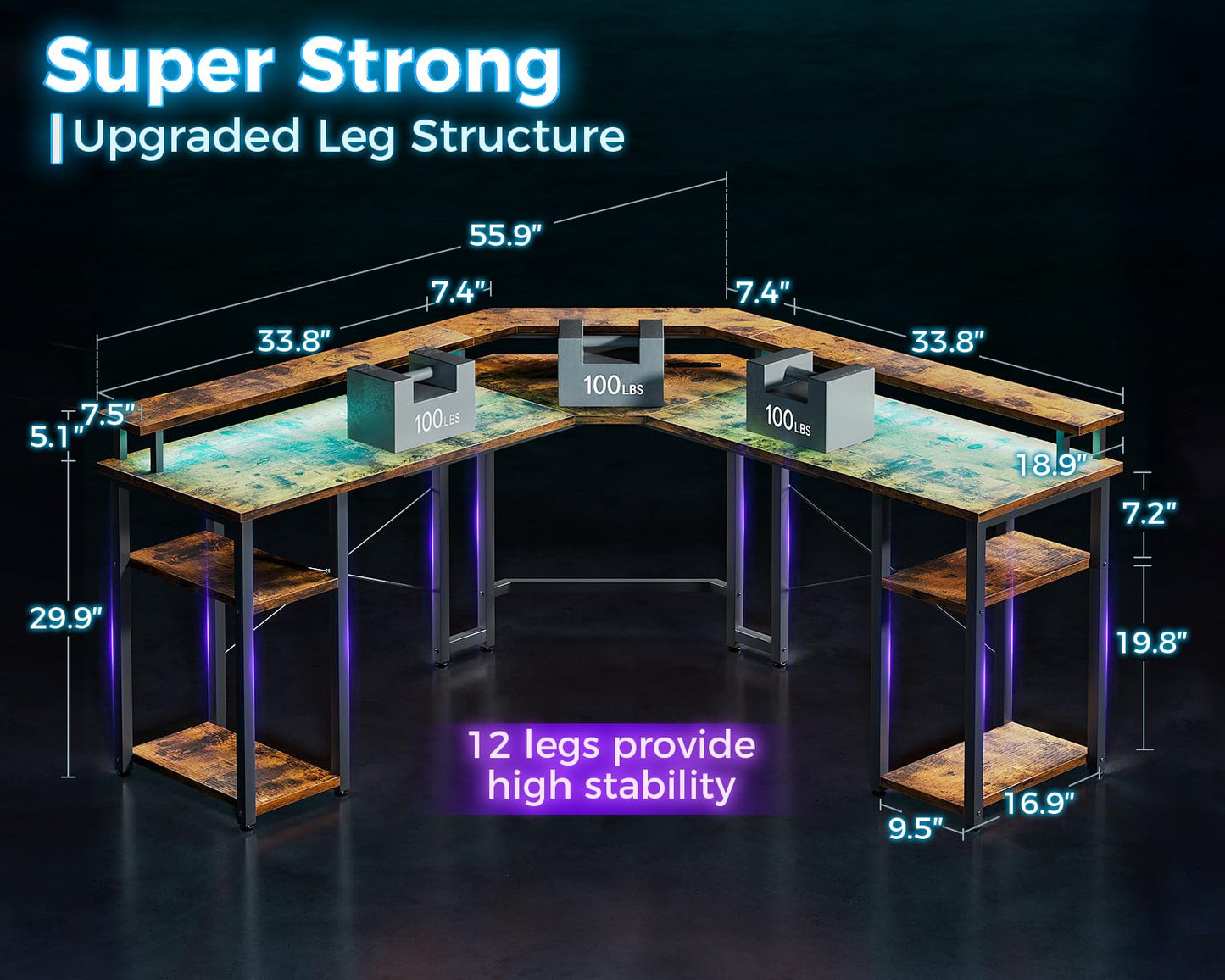 L Shaped Gaming Desk with LED Lights & Power Outlets, Reversible 56" EK HOME FURNITURE