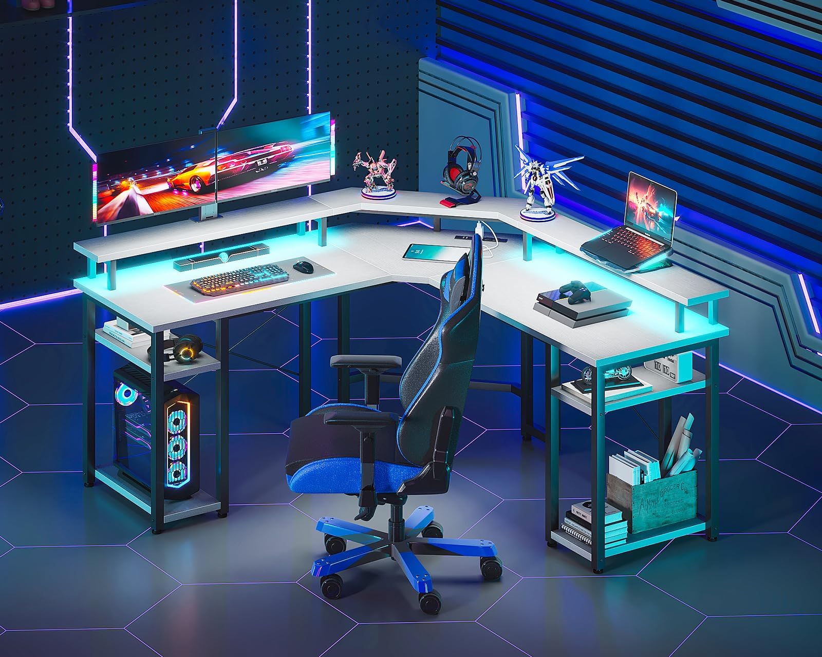 L Shaped Gaming Desk with LED Lights & Power Outlets, Reversible 56" EK HOME FURNITURE