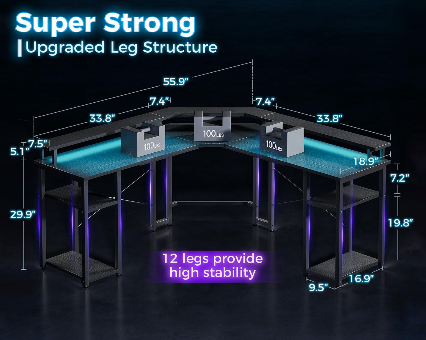 L Shaped Gaming Desk with LED Lights & Power Outlets, Reversible 56" EK HOME FURNITURE