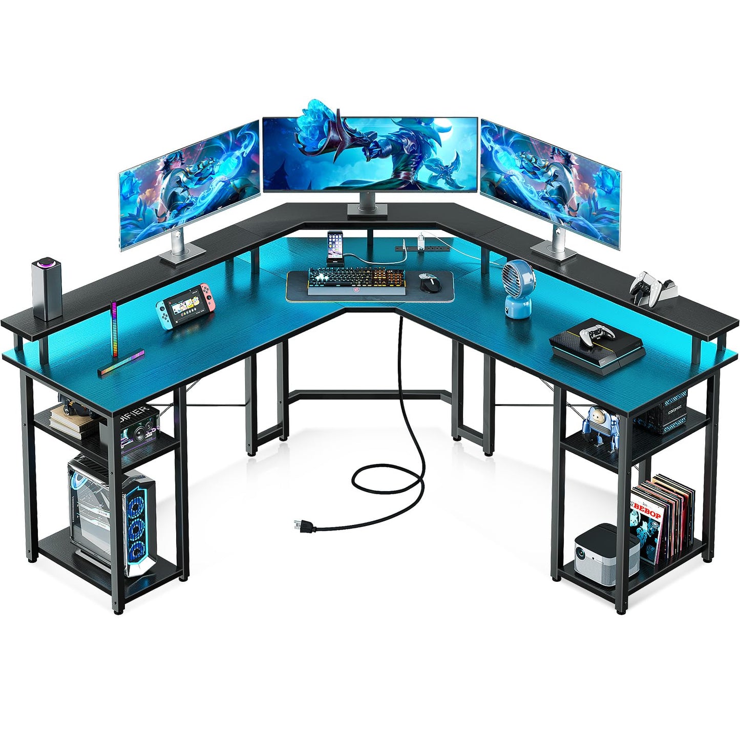 L Shaped Gaming Desk with LED Lights & Power Outlets, Reversible 56" EK HOME FURNITURE