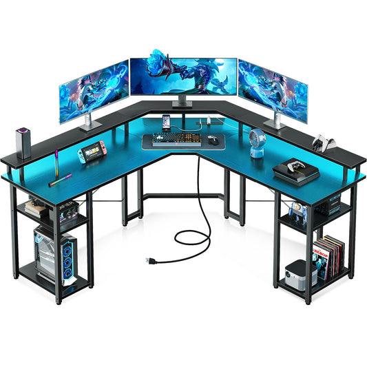 L Shaped Gaming Desk with LED Lights & Power Outlets, Reversible 56" EK HOME FURNITURE