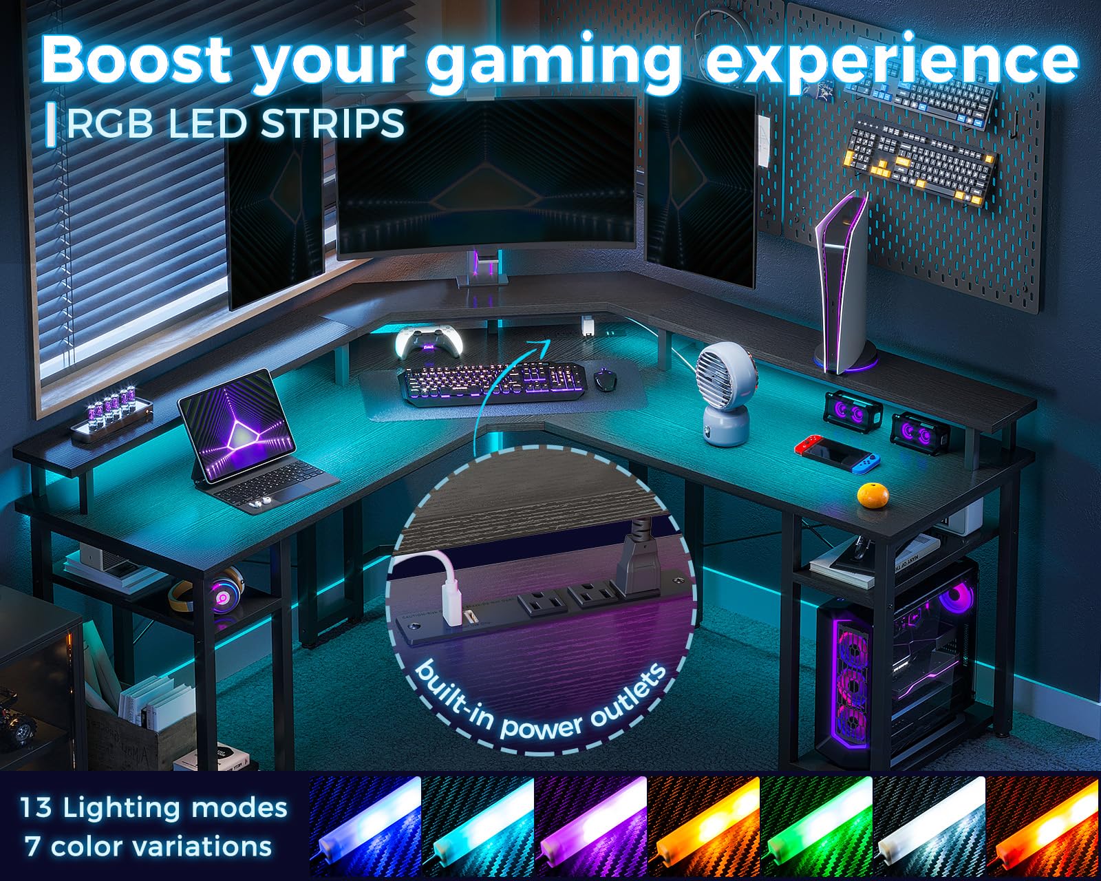 L Shaped Gaming Desk with LED Lights & Power Outlets, Reversible 56" EK HOME FURNITURE