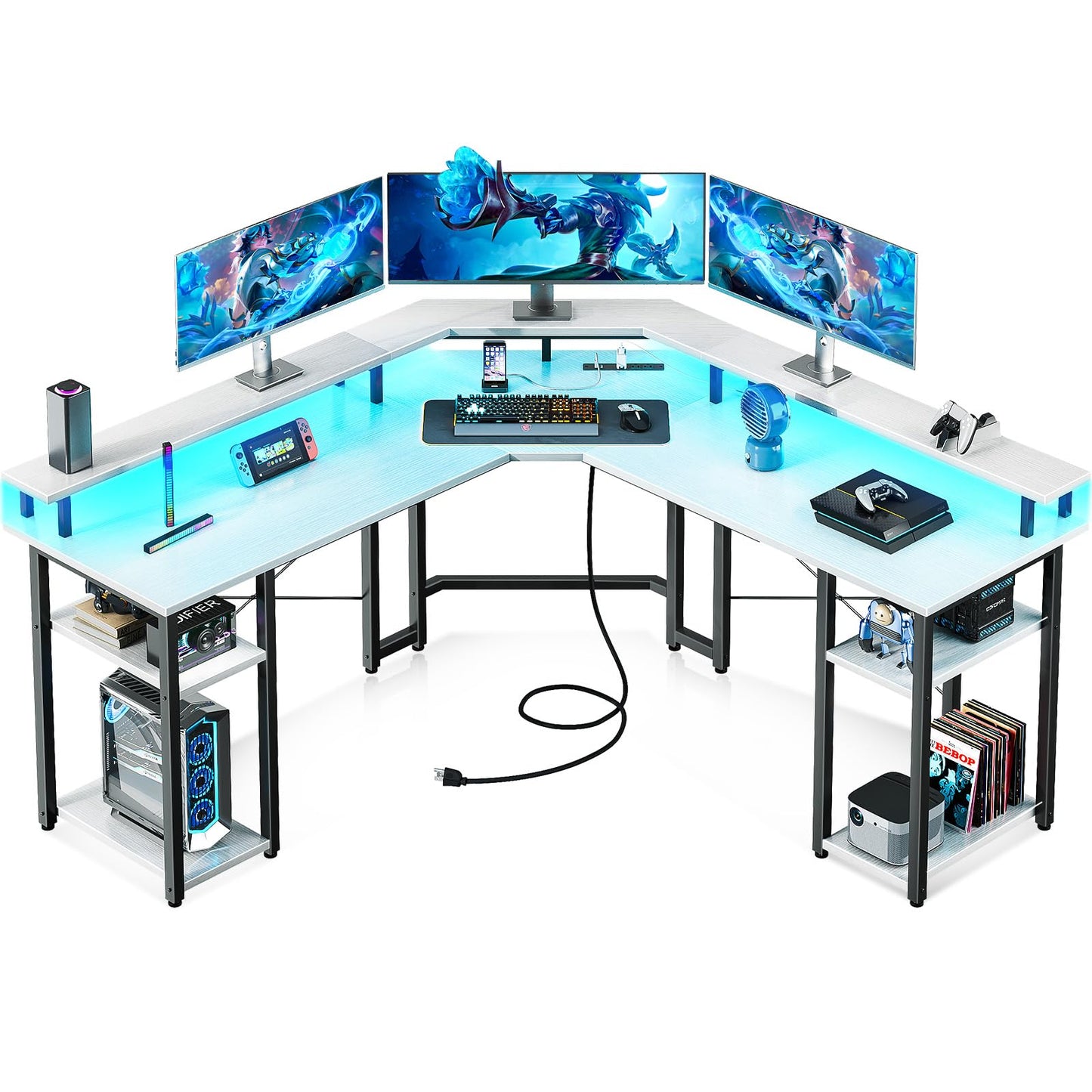 L Shaped Gaming Desk with LED Lights & Power Outlets, Reversible 56" EK HOME FURNITURE