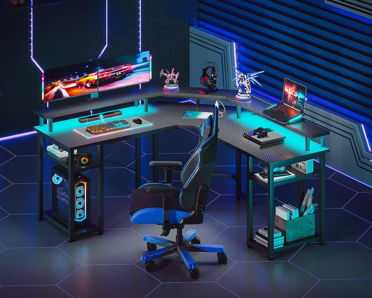 L Shaped Gaming Desk with LED Lights & Power Outlets, Reversible 56" EK HOME FURNITURE