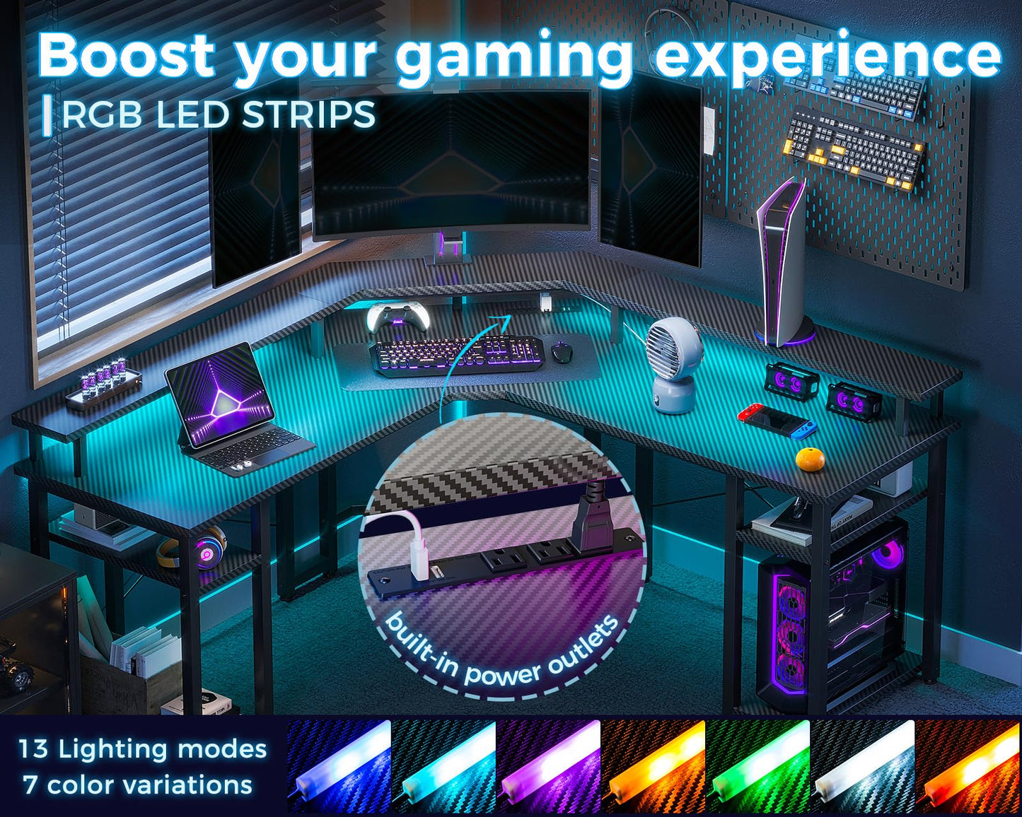 L Shaped Gaming Desk with LED Lights & Power Outlets, Reversible 56" EK HOME FURNITURE