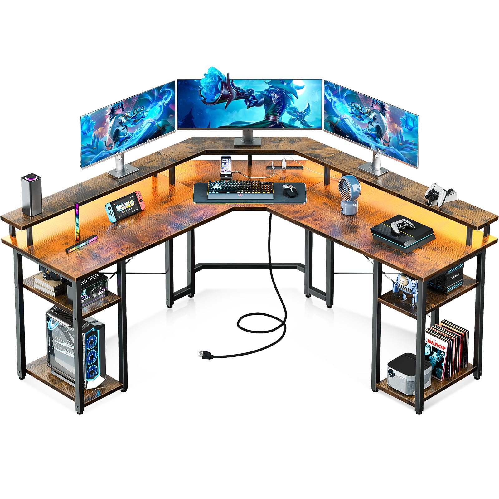 L Shaped Gaming Desk with LED Lights & Power Outlets, Reversible 56" EK HOME FURNITURE