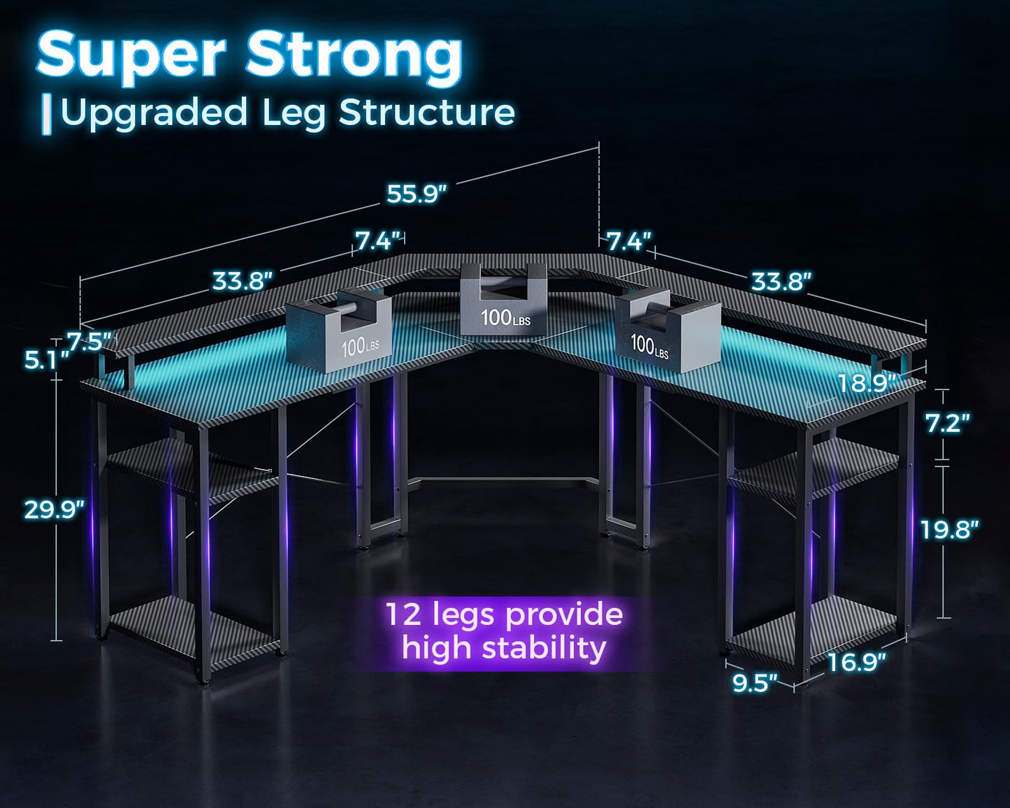 L Shaped Gaming Desk with LED Lights & Power Outlets, Reversible 56" EK HOME FURNITURE