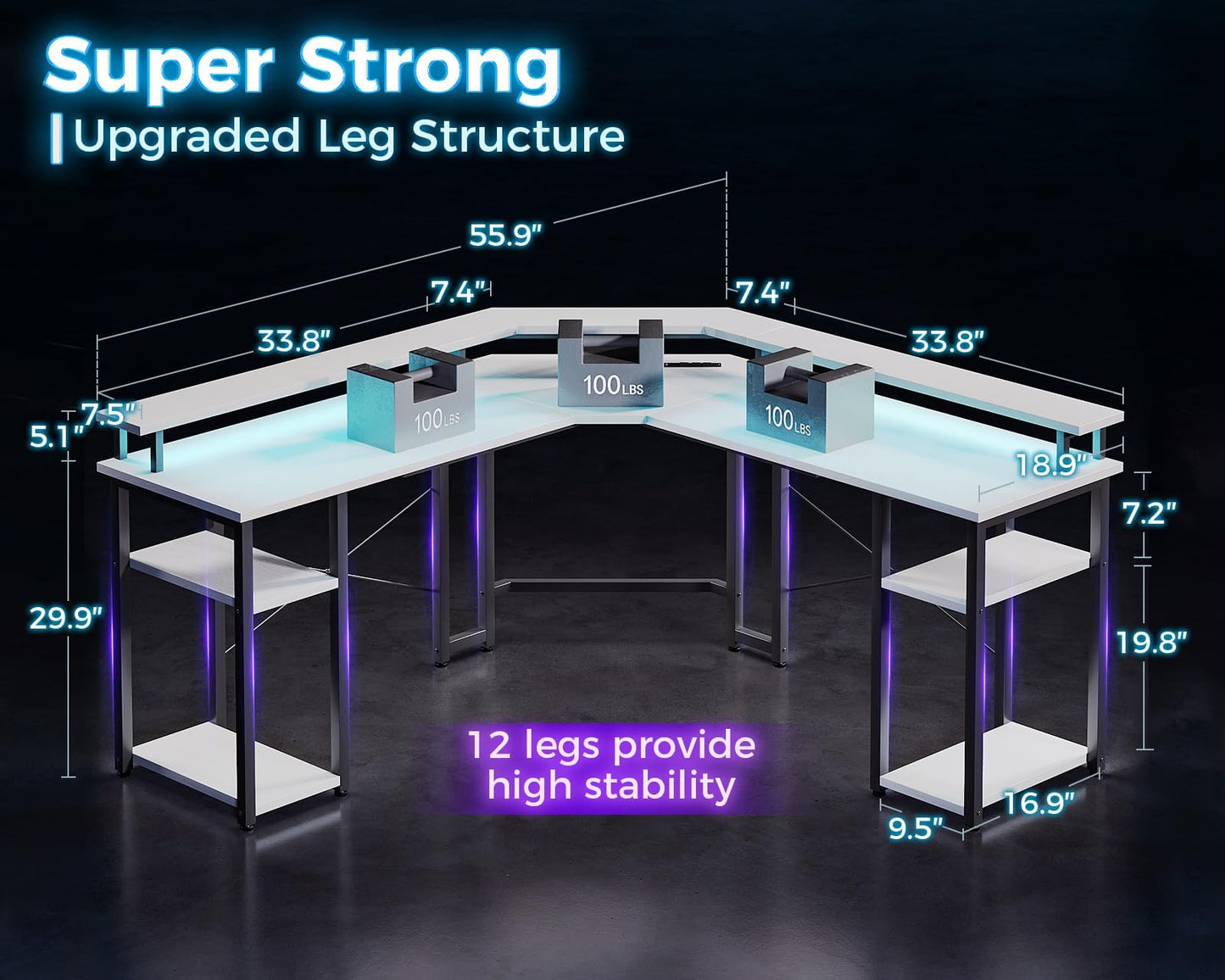 L Shaped Gaming Desk with LED Lights & Power Outlets, Reversible 56" EK HOME FURNITURE