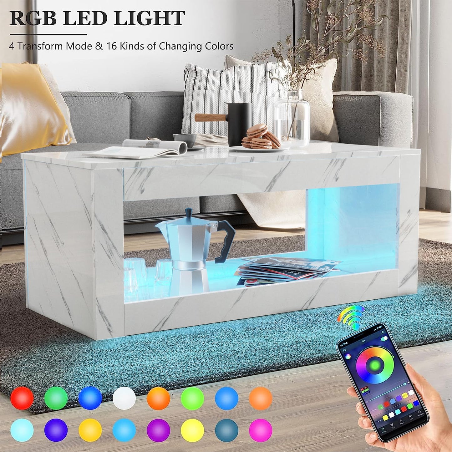 LED Coffee Table with Open Storage, 16 Colors LED Lights EK HOME FURNITURE