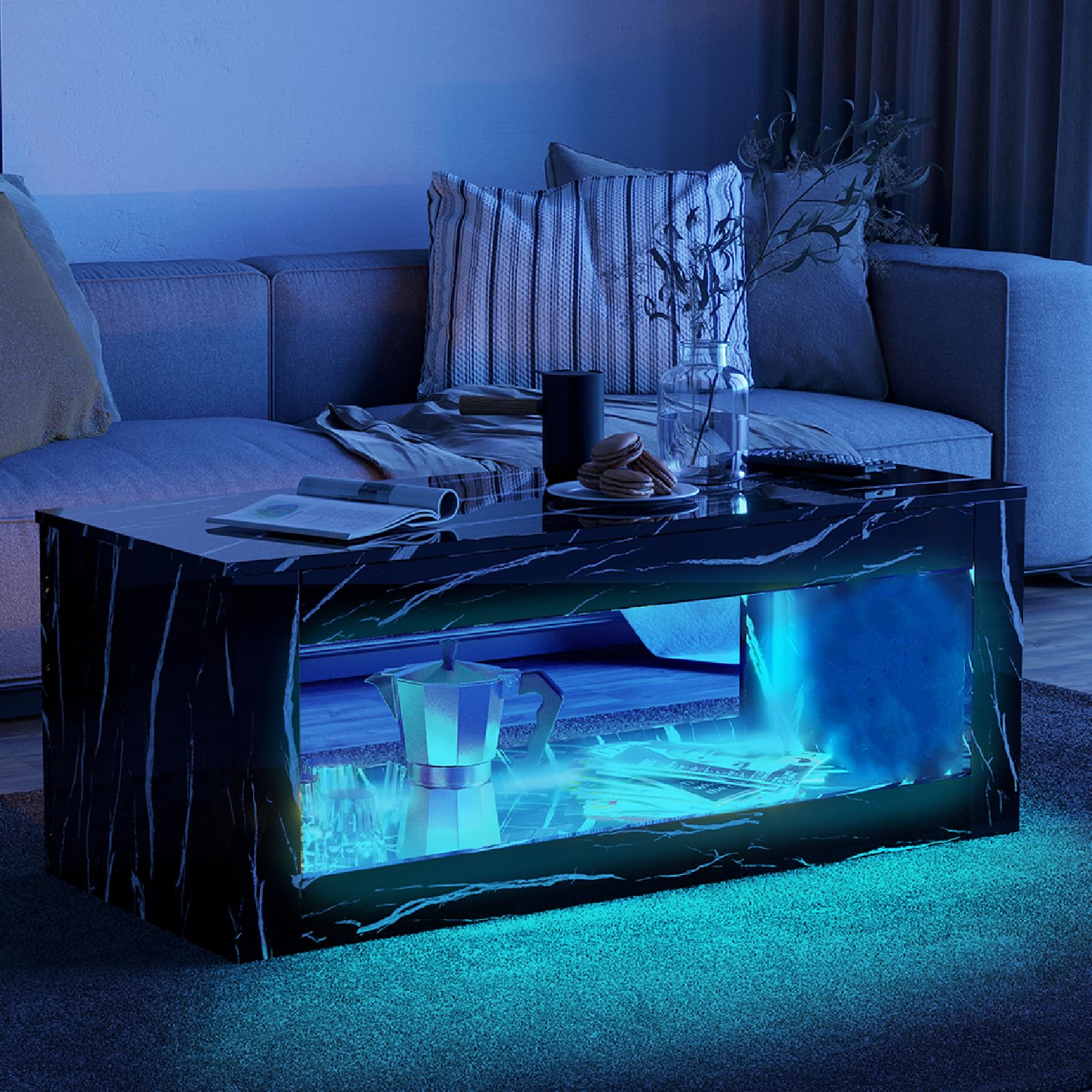 LED Coffee Table with Open Storage, 16 Colors LED Lights EK HOME FURNITURE