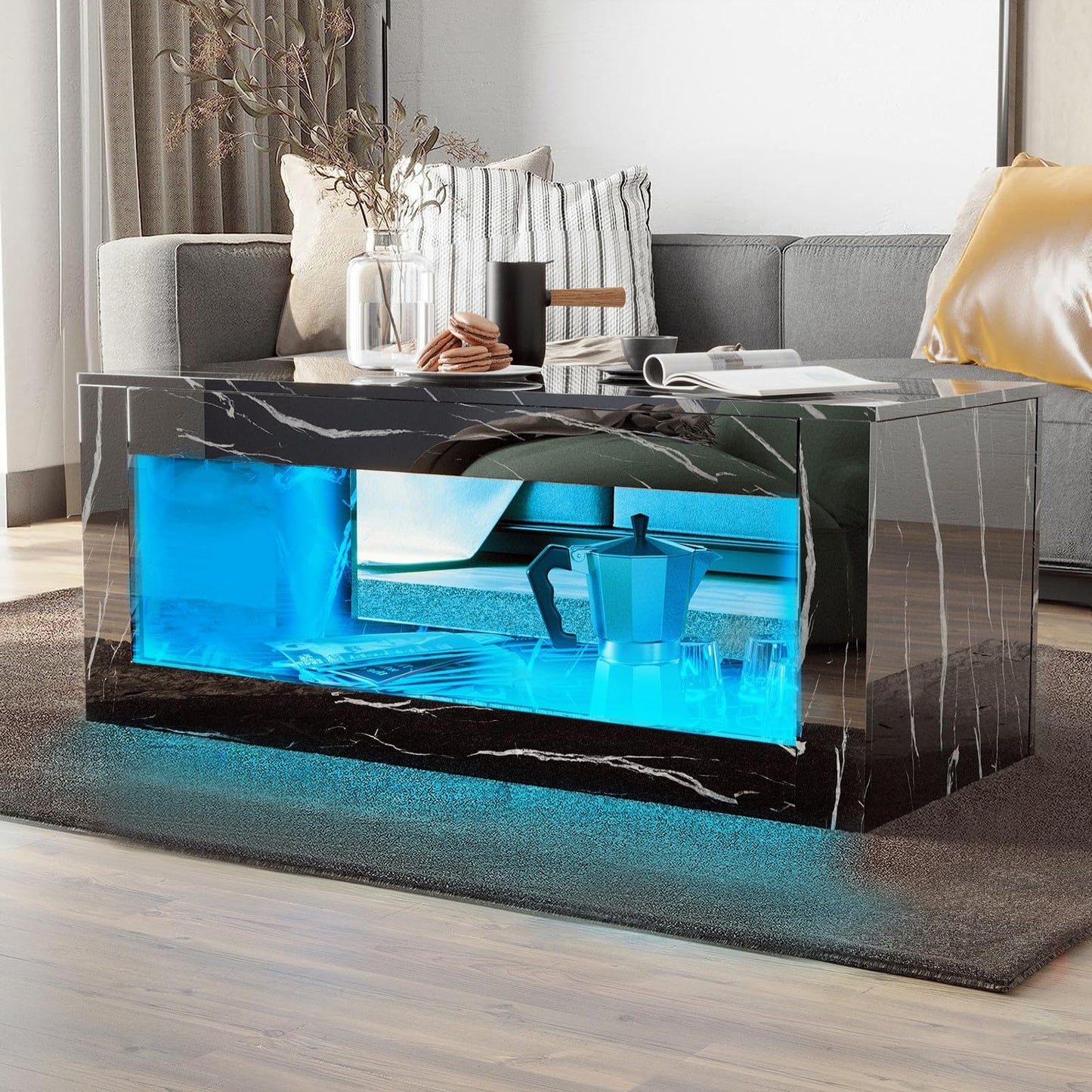 LED Coffee Table with Open Storage, 16 Colors LED Lights EK HOME FURNITURE