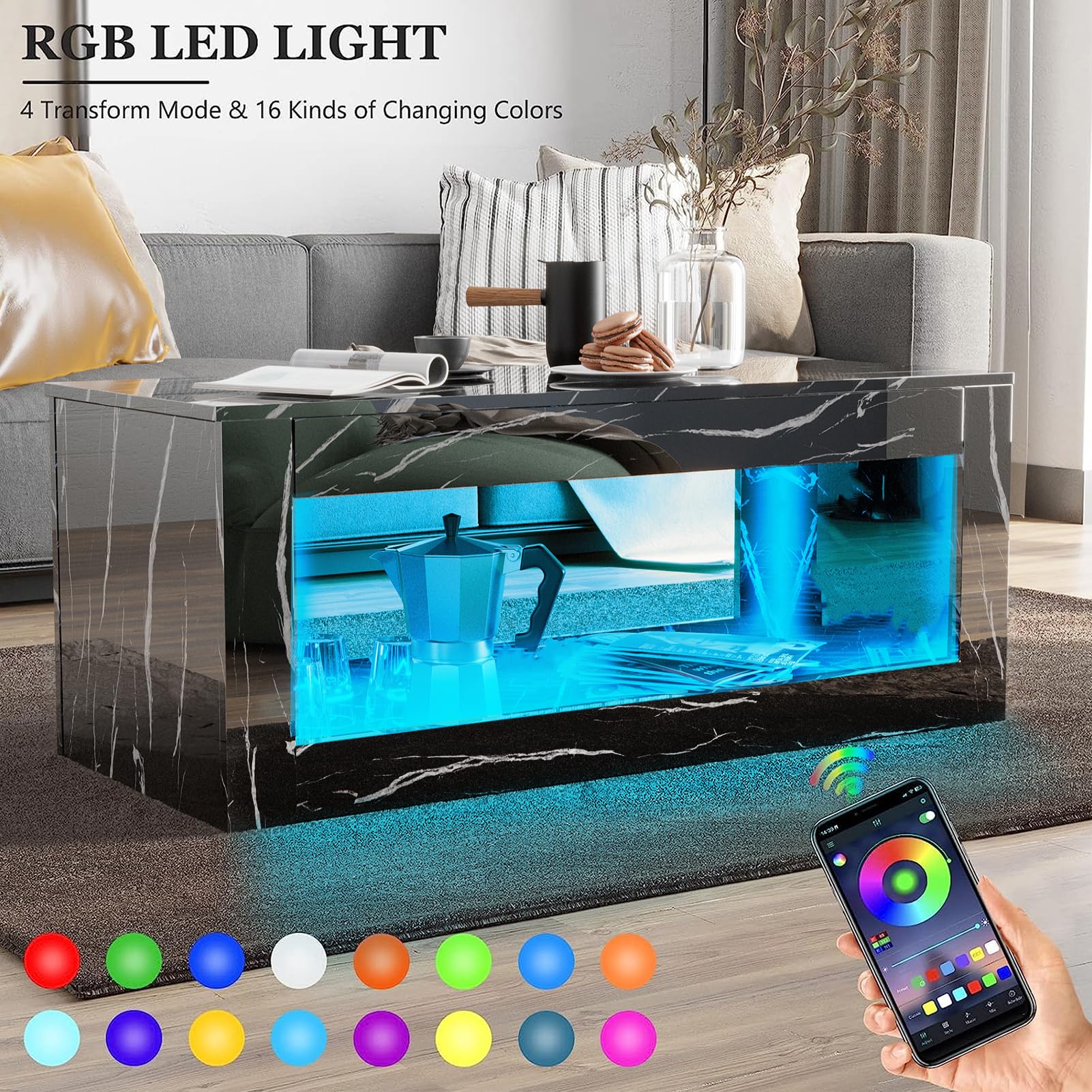 LED Coffee Table with Open Storage, 16 Colors LED Lights EK HOME FURNITURE