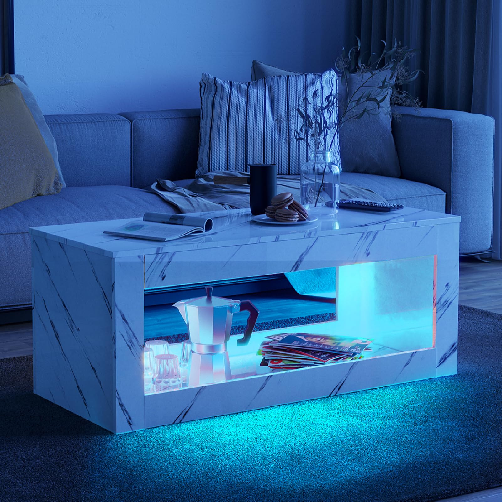 LED Coffee Table with Open Storage, 16 Colors LED Lights EK HOME FURNITURE