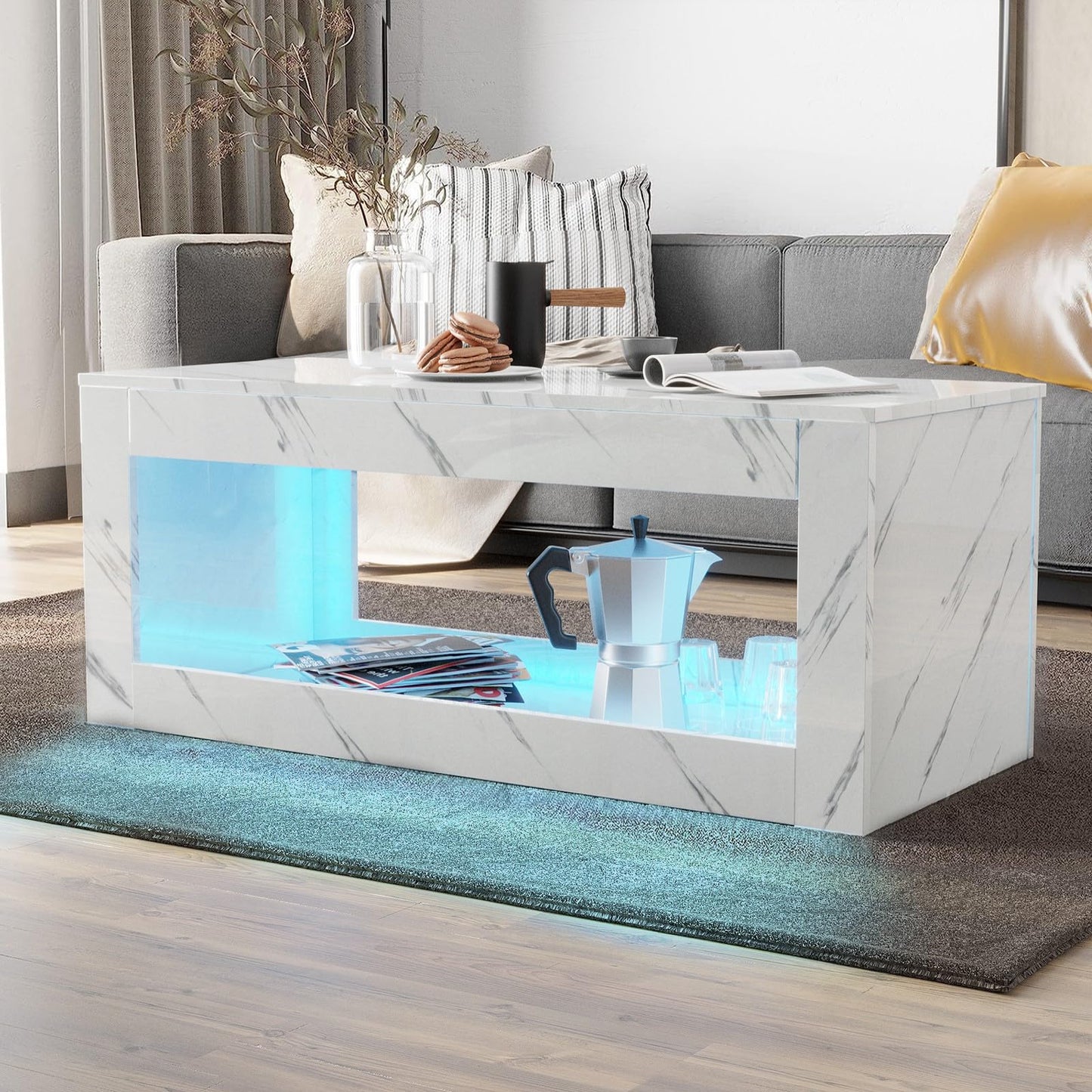 LED Coffee Table with Open Storage, 16 Colors LED Lights EK HOME FURNITURE