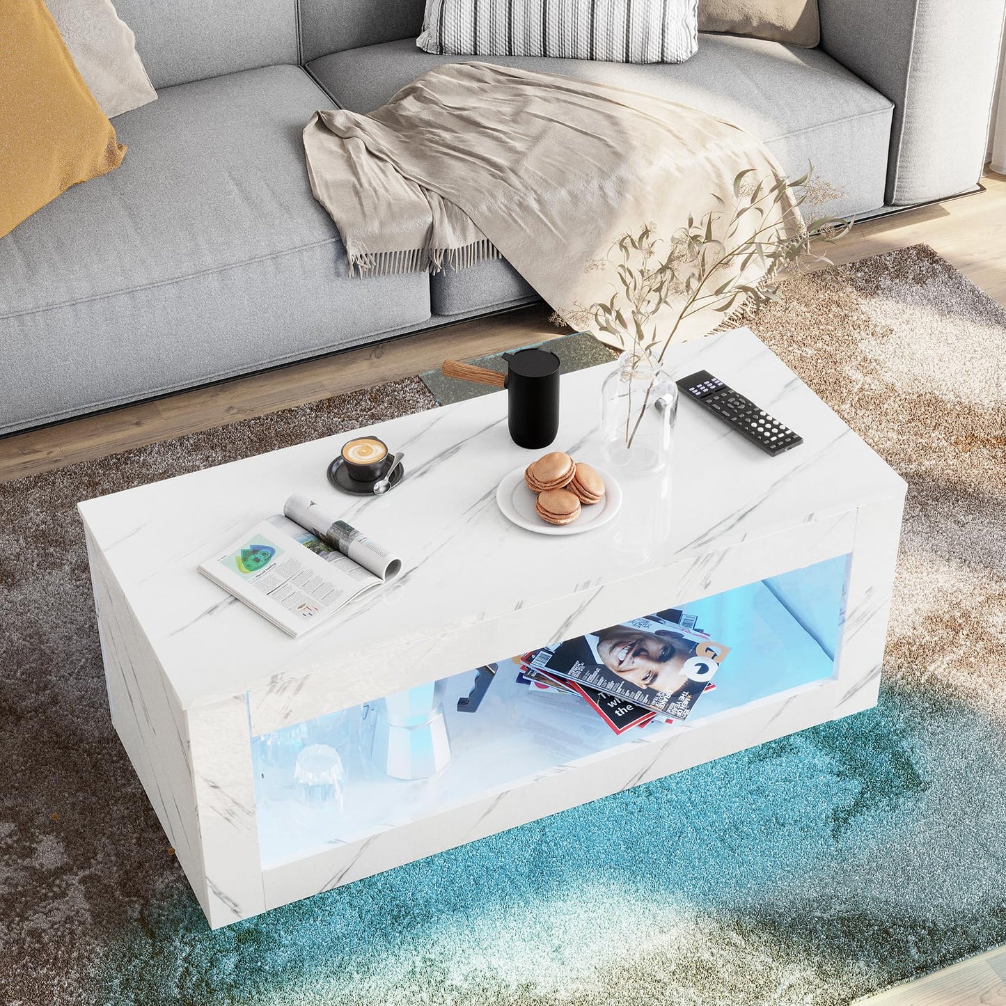 LED Coffee Table with Open Storage, 16 Colors LED Lights EK HOME FURNITURE