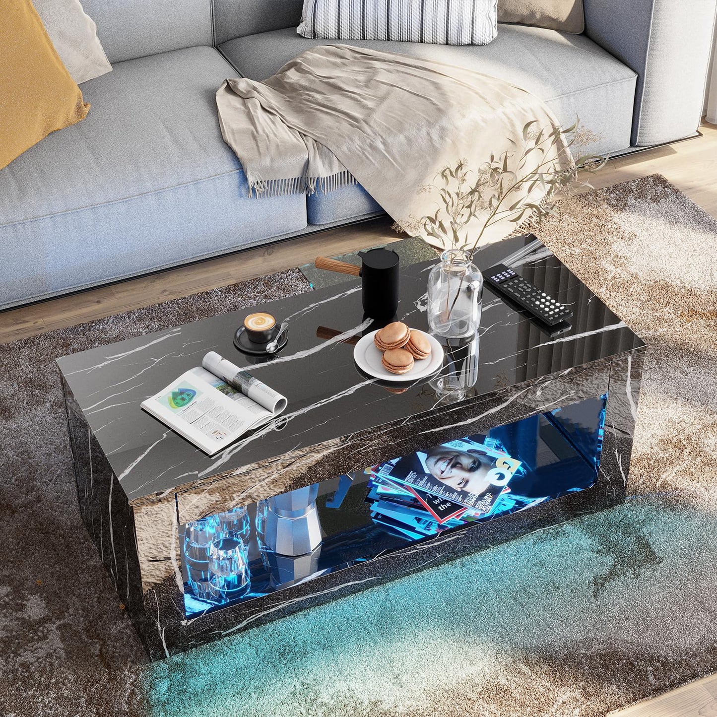 LED Coffee Table with Open Storage, 16 Colors LED Lights EK HOME FURNITURE