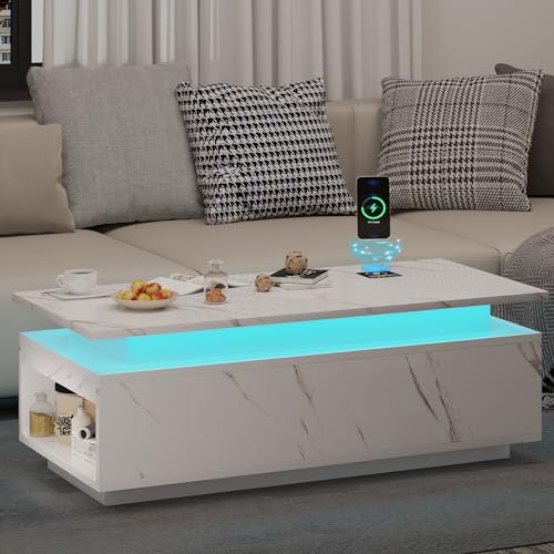 LED Coffee Table with Storage, Black Coffee Table with Wireless Charging EK HOME FURNITURE