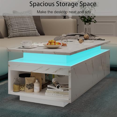 LED Coffee Table with Storage, Black Coffee Table with Wireless Charging EK HOME FURNITURE