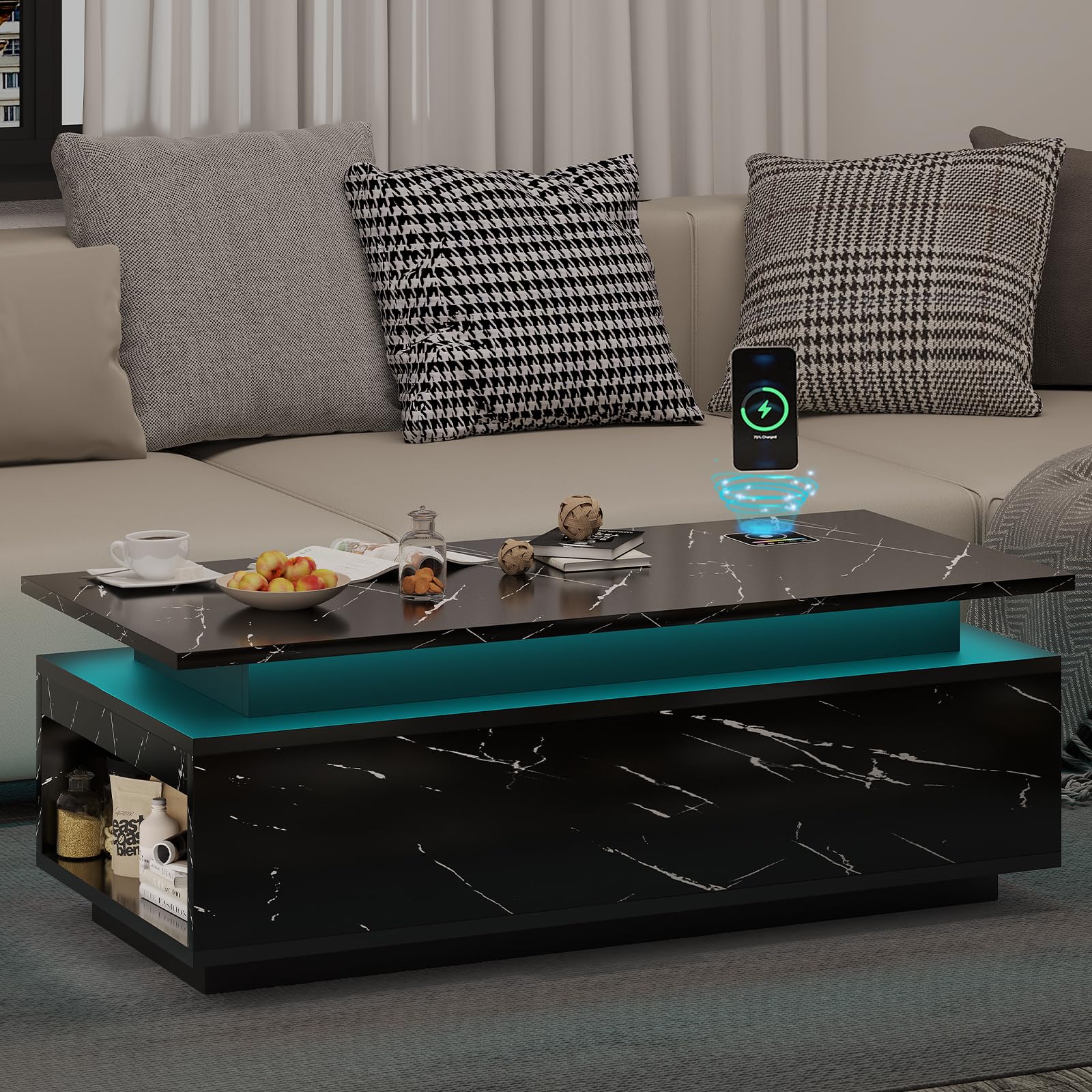 LED Coffee Table with Storage, Black Coffee Table with Wireless Charging EK HOME FURNITURE