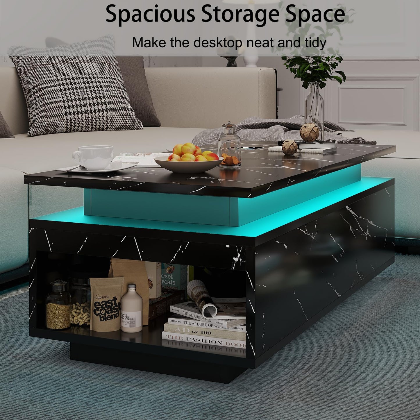 LED Coffee Table with Storage, Black Coffee Table with Wireless Charging EK HOME FURNITURE