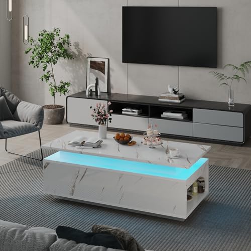 LED Coffee Table with Storage, Black Coffee Table with Wireless Charging EK HOME FURNITURE