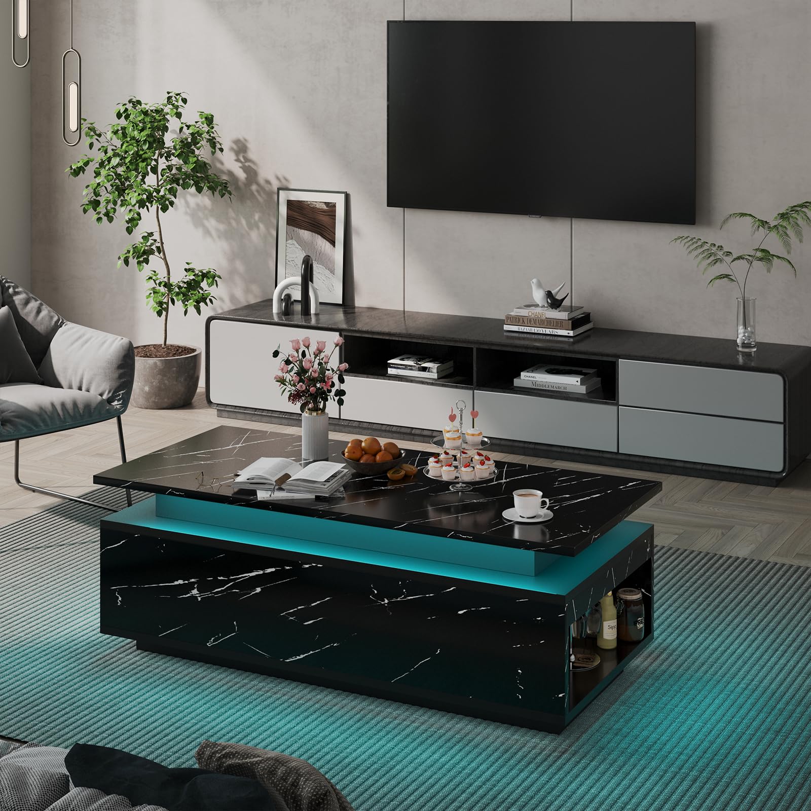 LED Coffee Table with Storage, Black Coffee Table with Wireless Charging EK HOME FURNITURE