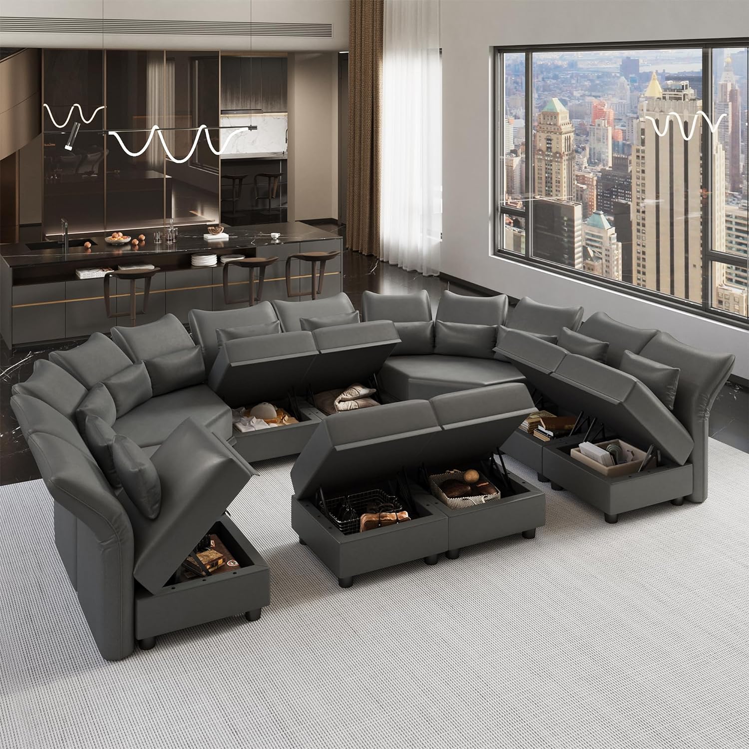 Leather Modular Sectional Sofa, Oversized 10-Seater U Shaped Sectional EK HOME FURNITURE