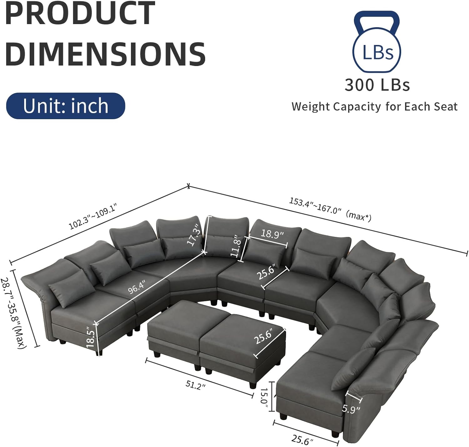 Leather Modular Sectional Sofa, Oversized 10-Seater U Shaped Sectional EK HOME FURNITURE