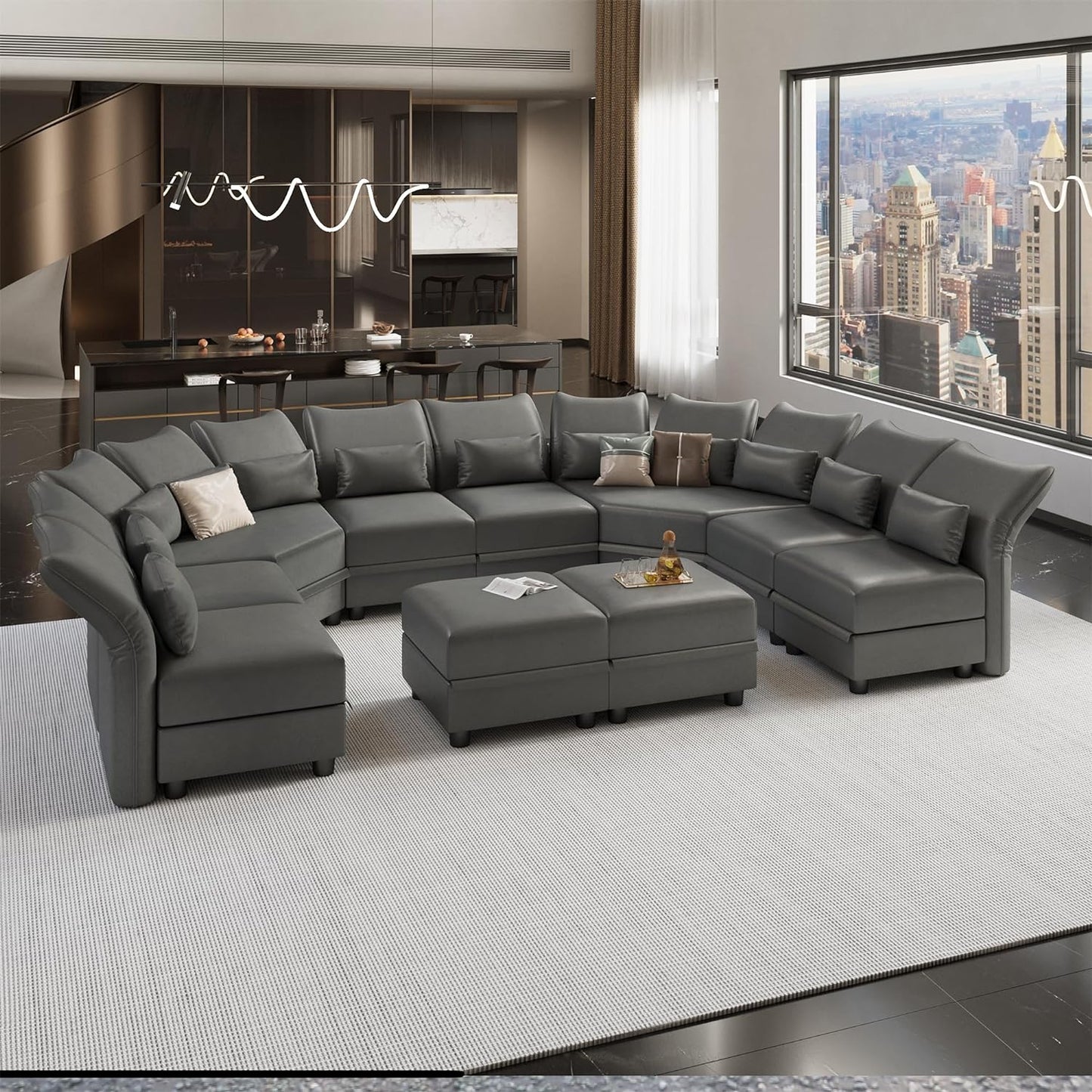 Leather Modular Sectional Sofa, Oversized 10-Seater U Shaped Sectional EK HOME FURNITURE