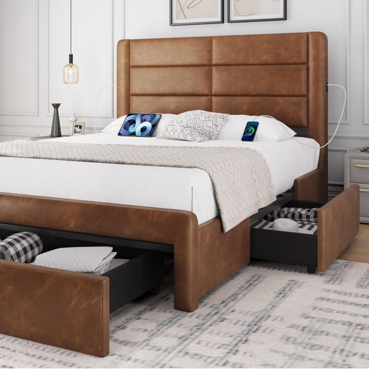 Leather Upholstered Headboard Bed With 2 Charging Ports EK HOME FURNITURE