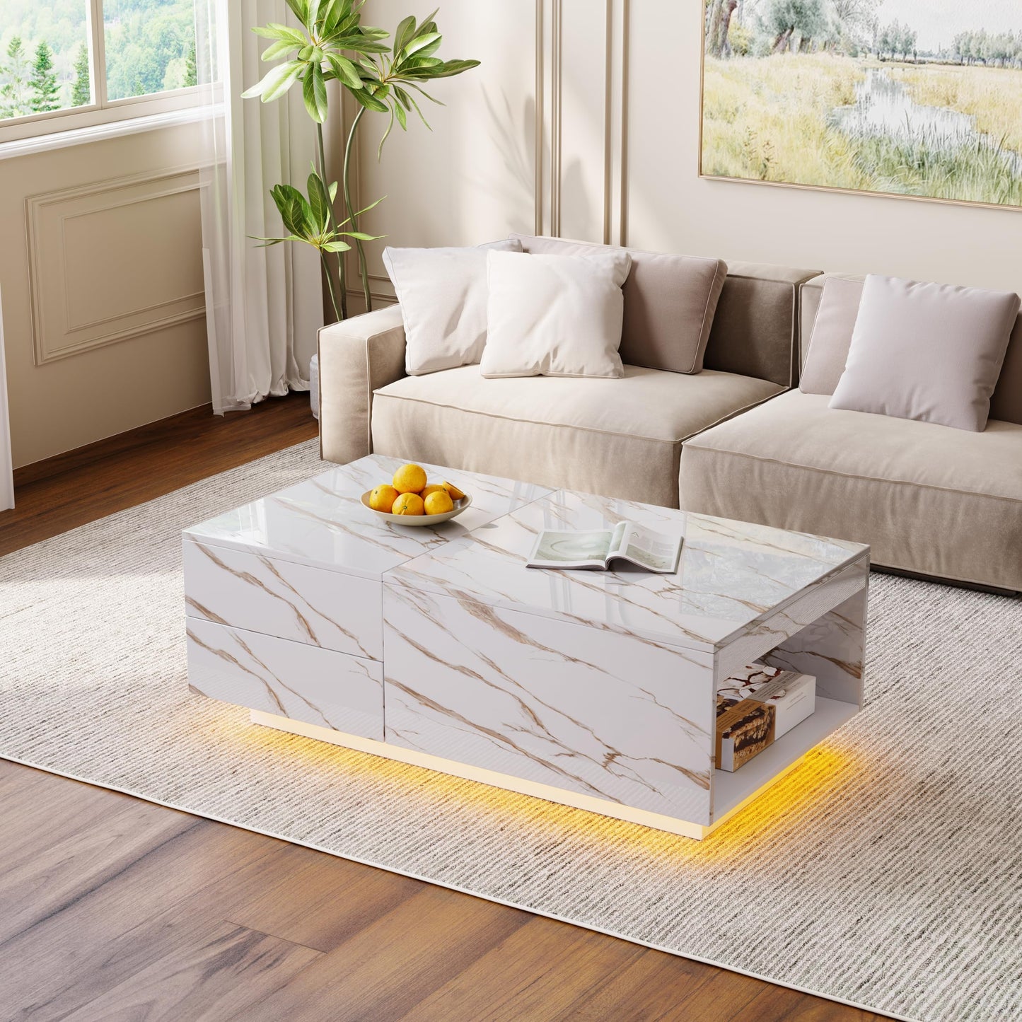 Lift Top coffee tables for living room, 43" LED Wooden Center Tables with Storage Shelf EK HOME FURNITURE